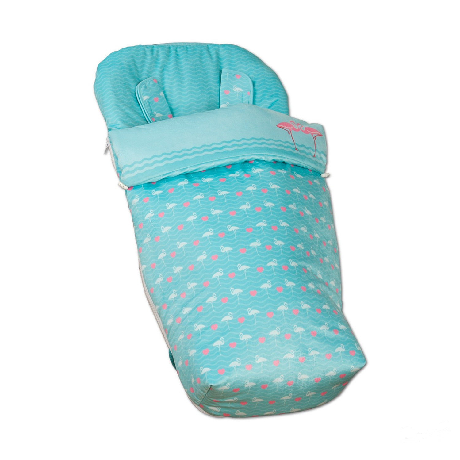 Un saco de dormir para bebé con fondo turquesa y estampado de flamencos blancos y puntos rosas.