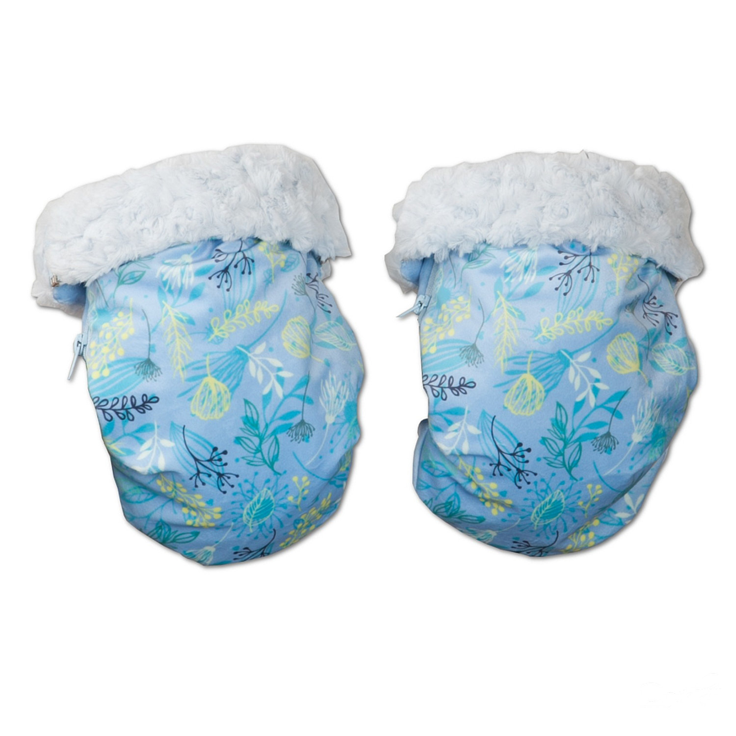 Dos mitones de bebé, estampado floral azul, borde de piel blanca.