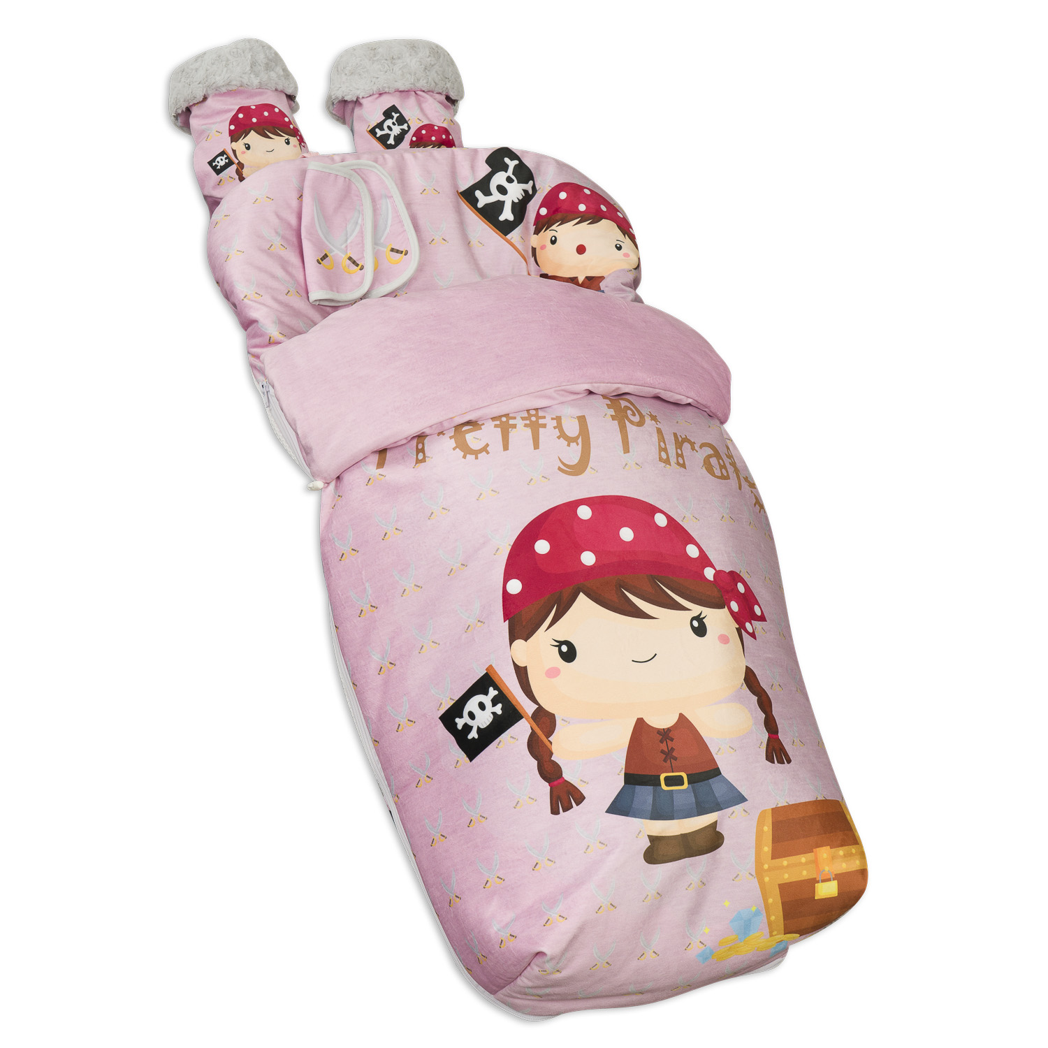 Un saco de dormir rosa para bebé con ilustración de niña pirata.