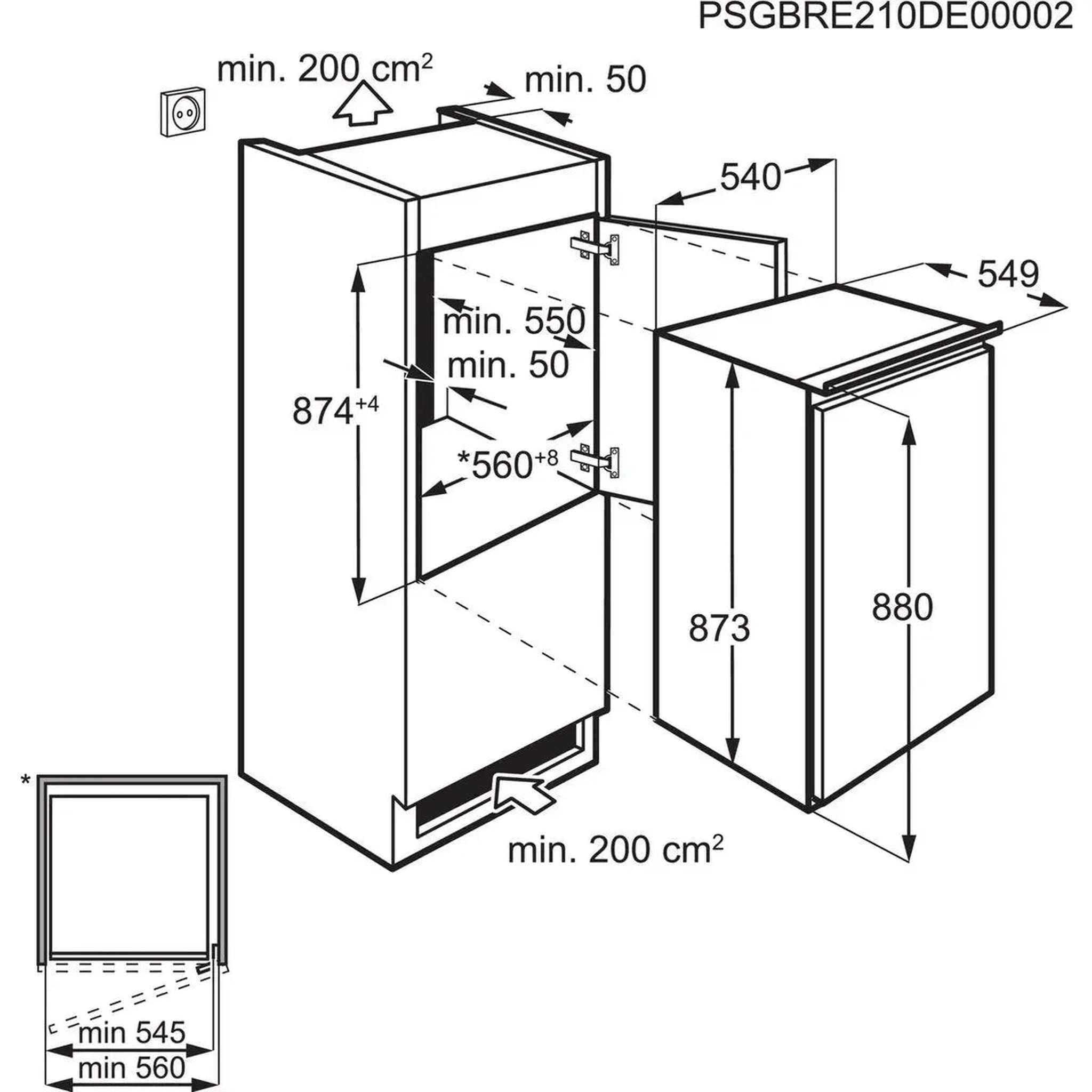 Disegno tecnico di un frigorifero con misure e collegamenti.