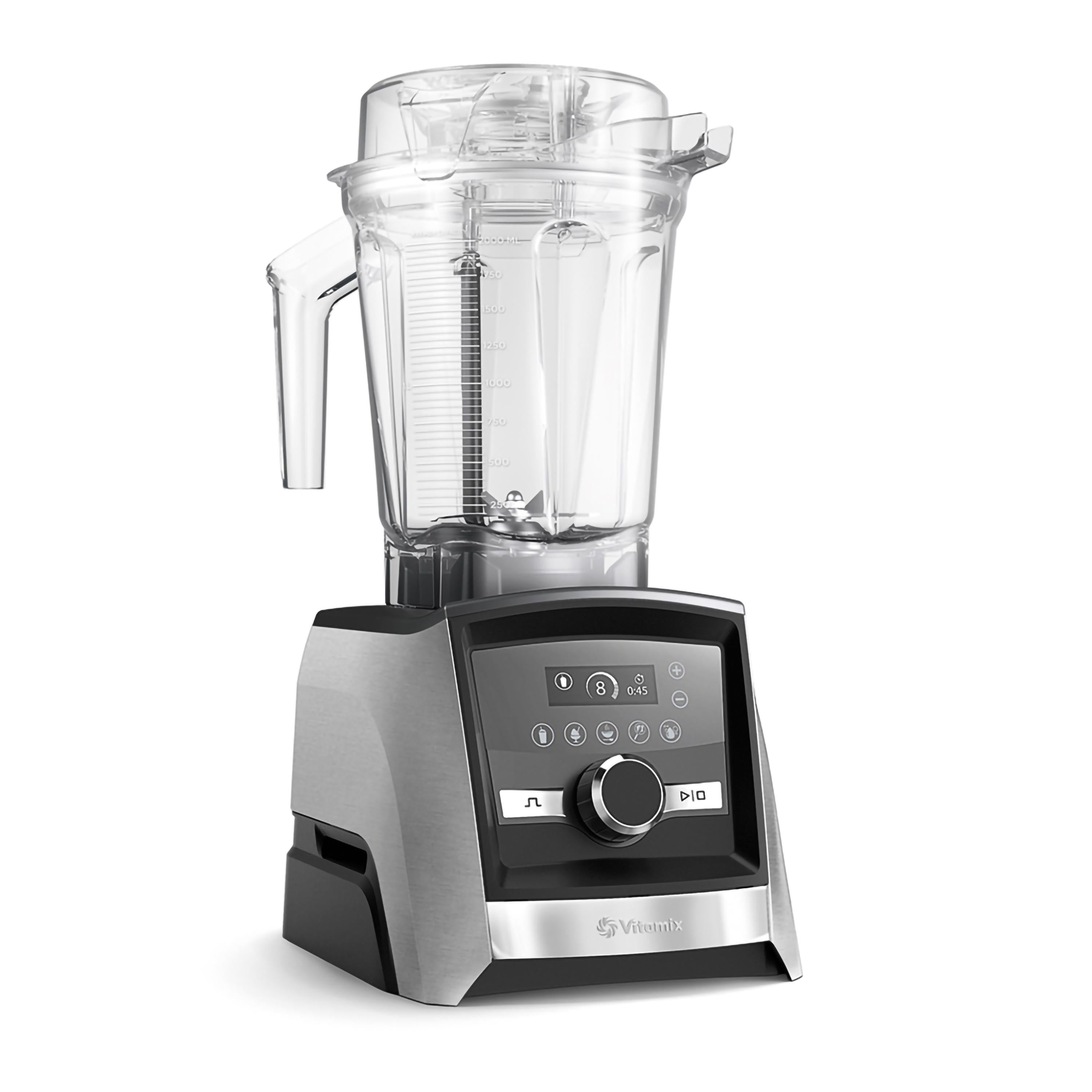 Ein silberner Mixer mit einem durchsichtigen Behälter. Die Basis ist silber und schwarz. Knöpfe und ein Zifferblatt sind sichtbar.