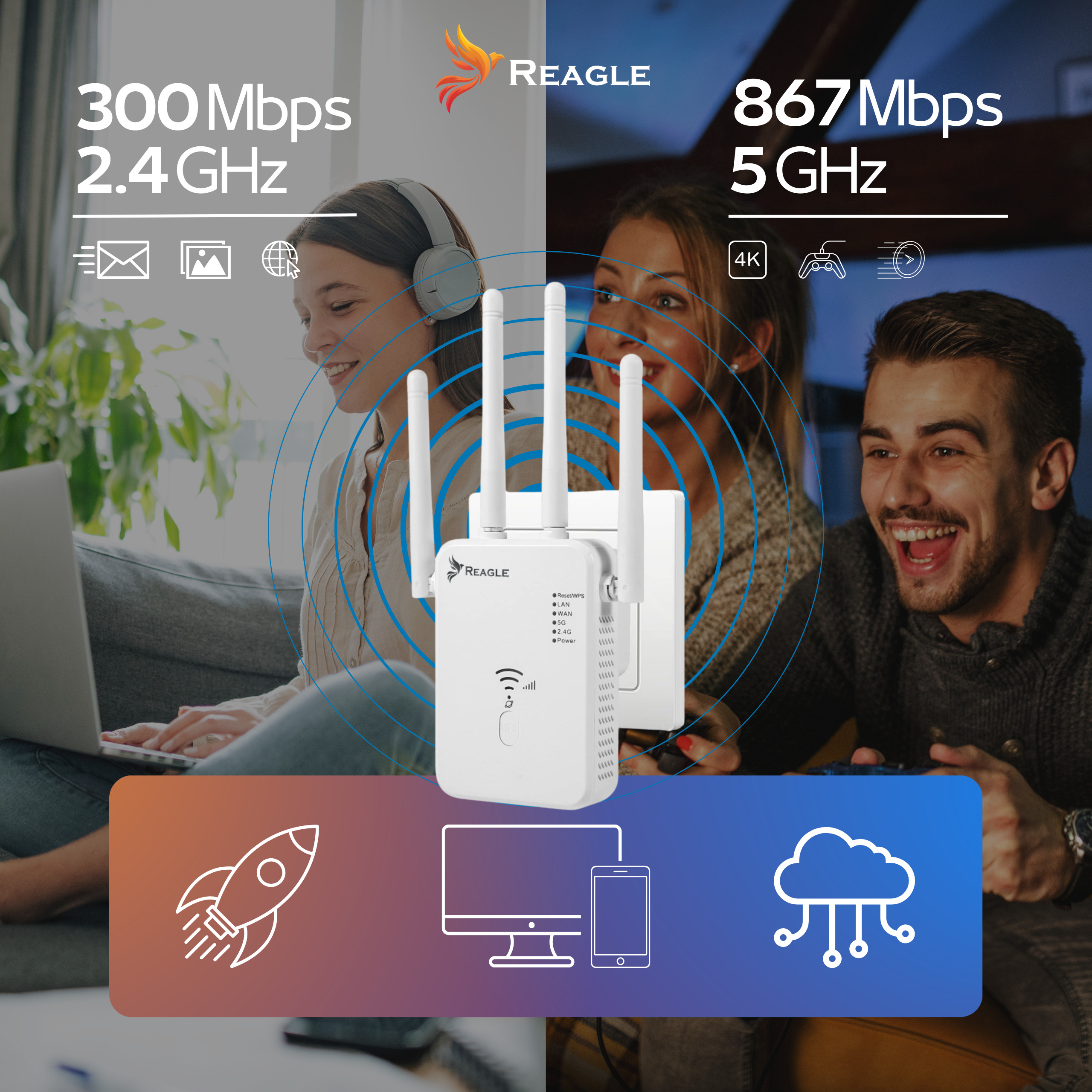 Biały router z trzema antenami. Ludzie używają podłączonych urządzeń. Tekst brzmi 300Mbps, 867Mbps.