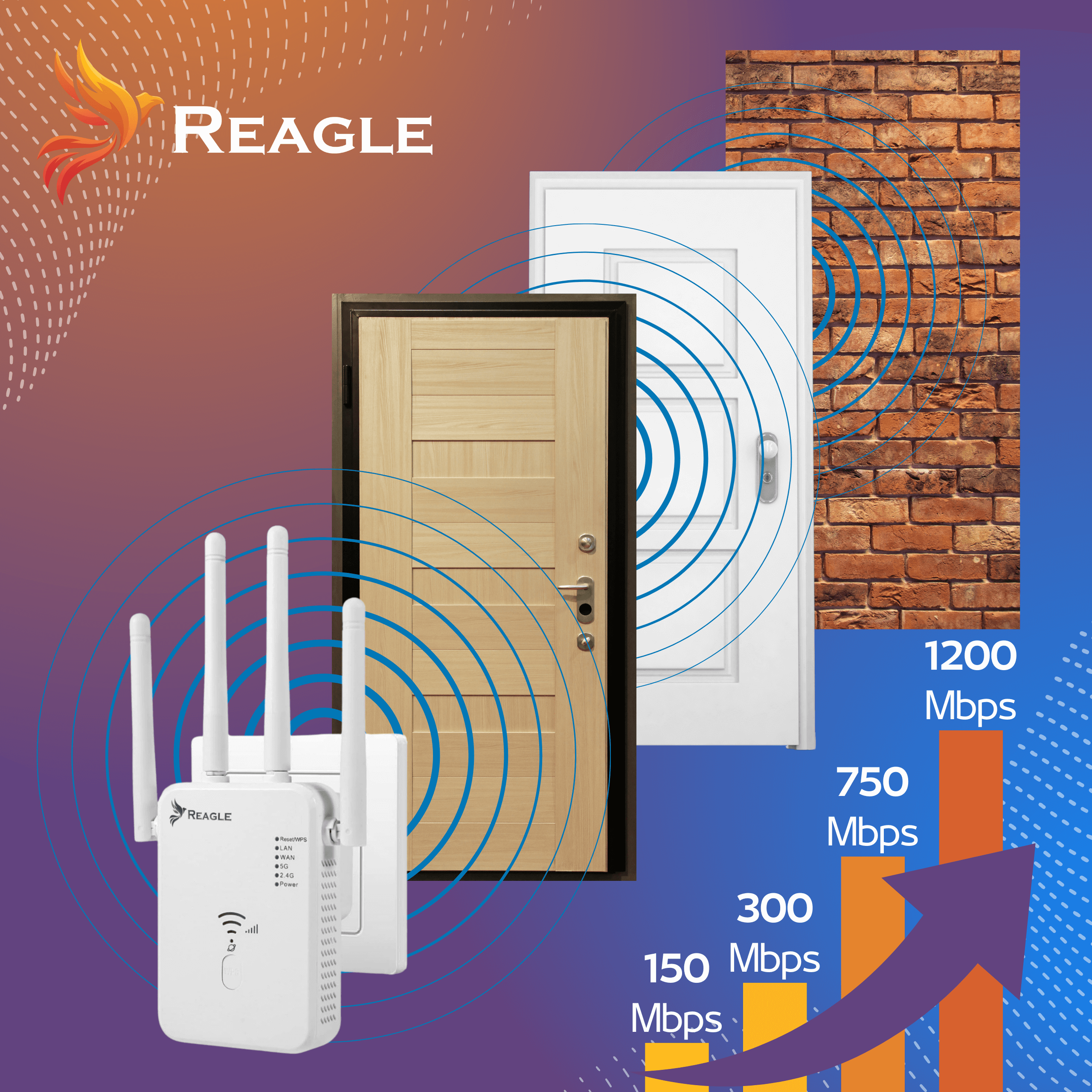 Wzmacniacz WiFi z antenami obok drzwi i ceglanej ściany ze słupkami Mbps.