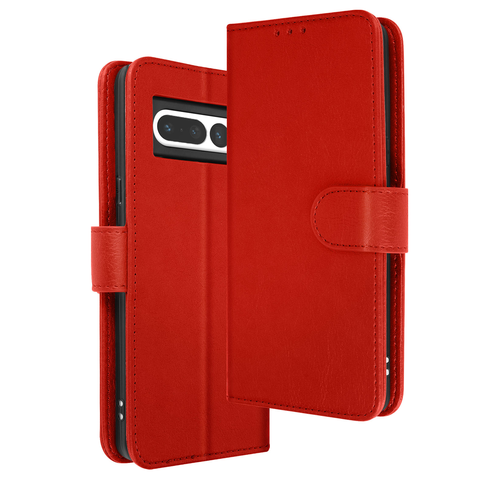 Eine rote Handyhülle mit einem Telefon darin, geöffnet, um die Kamera zu zeigen.