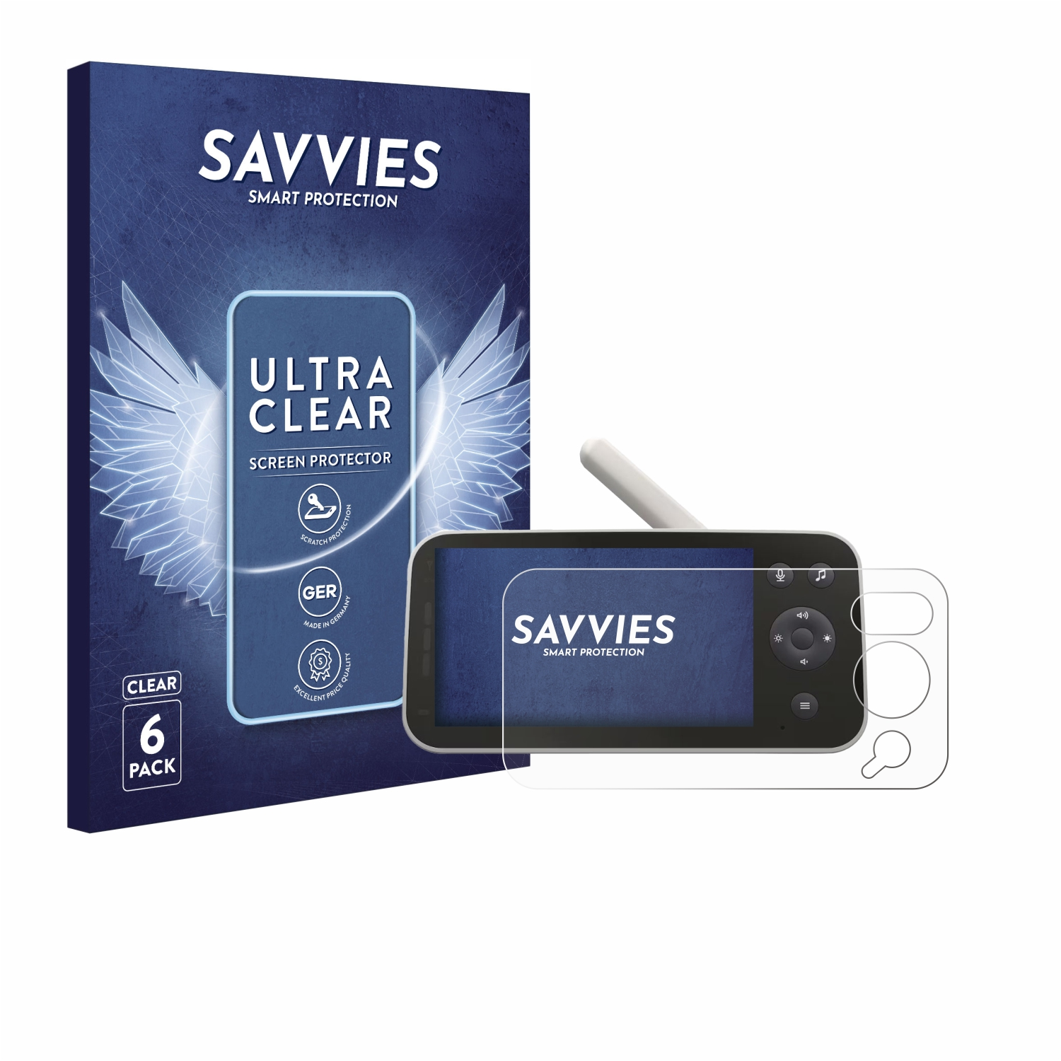 Blau-weiße Box mit Displayschutz und Babyphone. Schutzfolie liegt auf dem Monitor.