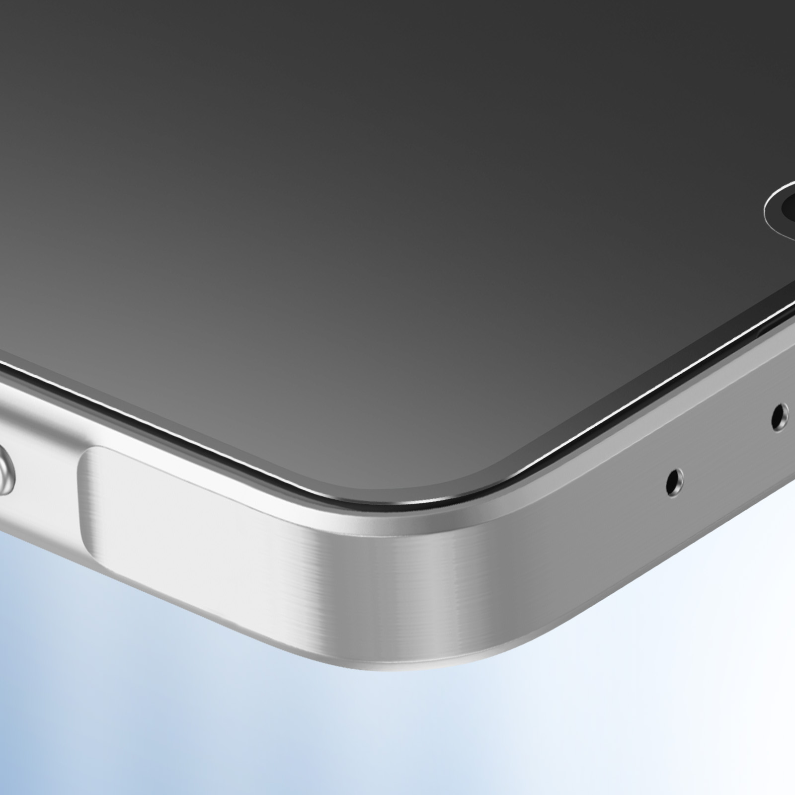 Close-up van een zilveren telefoon met een zwart scherm en witte randen.