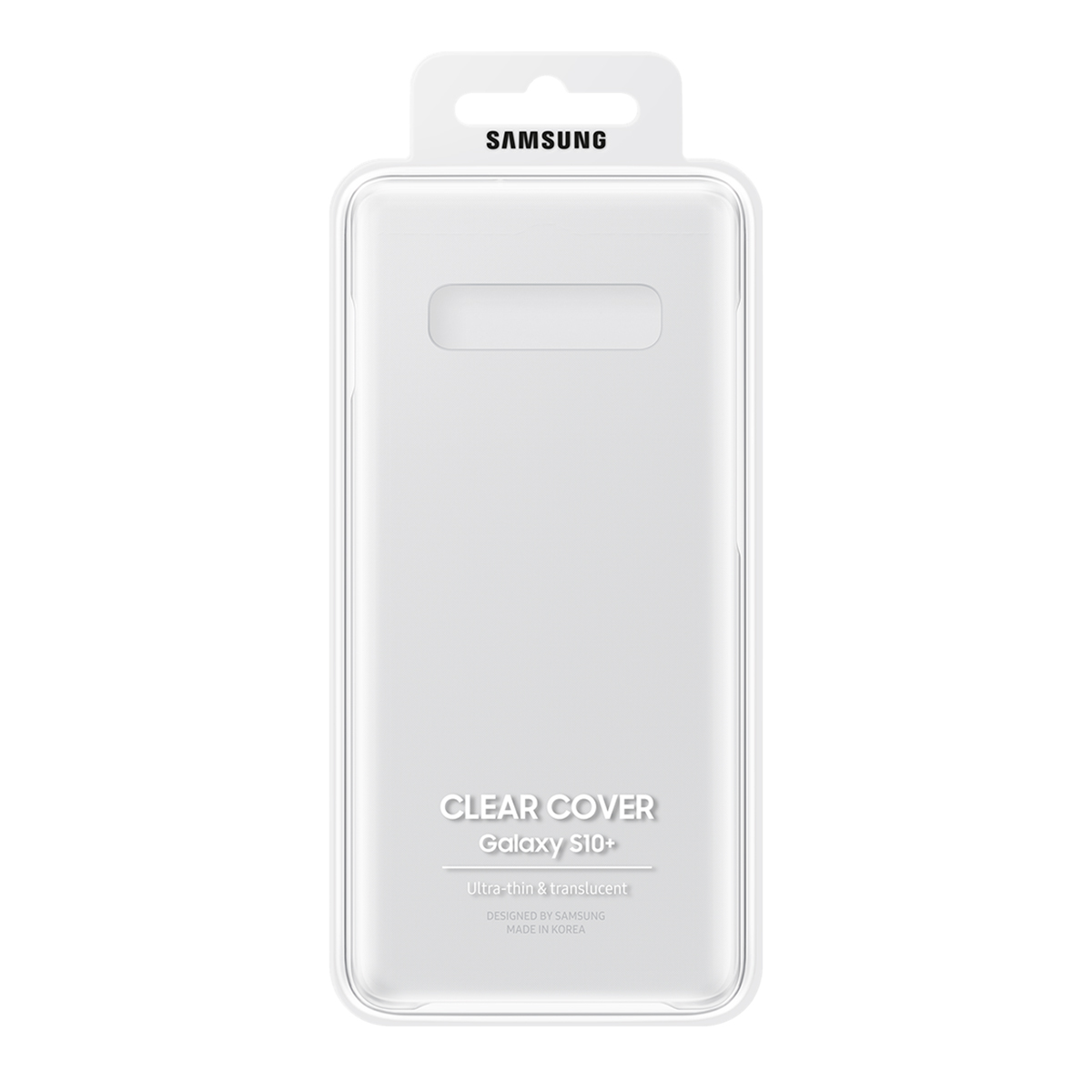 Confezione trasparente per custodia del telefono con il logo Samsung e il testo 'Clear Cover Galaxy S10+'.
