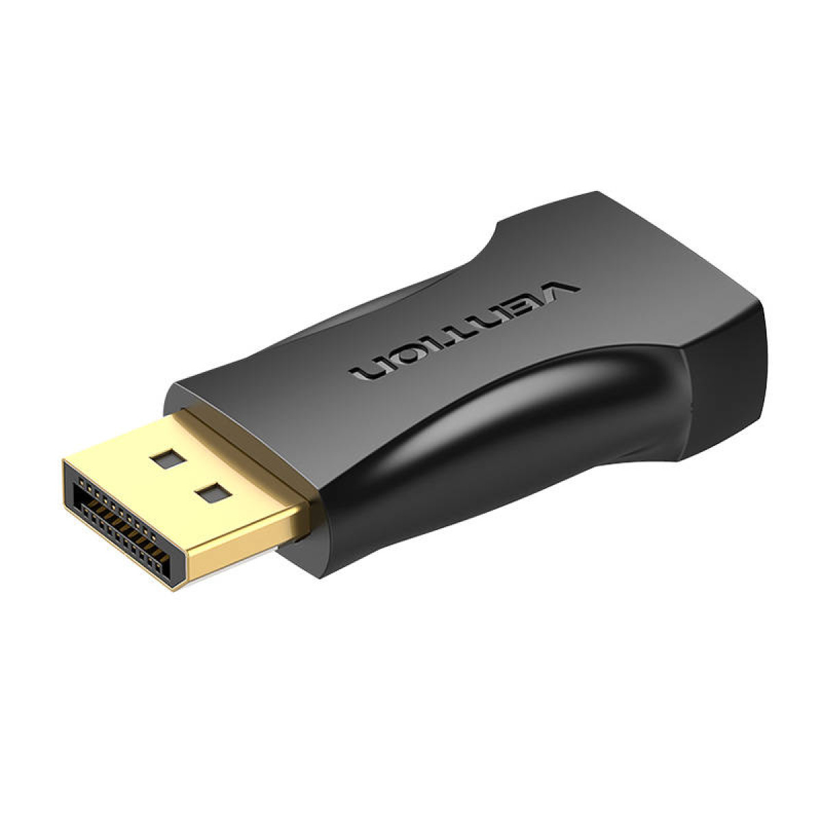 Zwarte Vention DisplayPort naar HDMI adapter met een gouden connector op witte achtergrond.