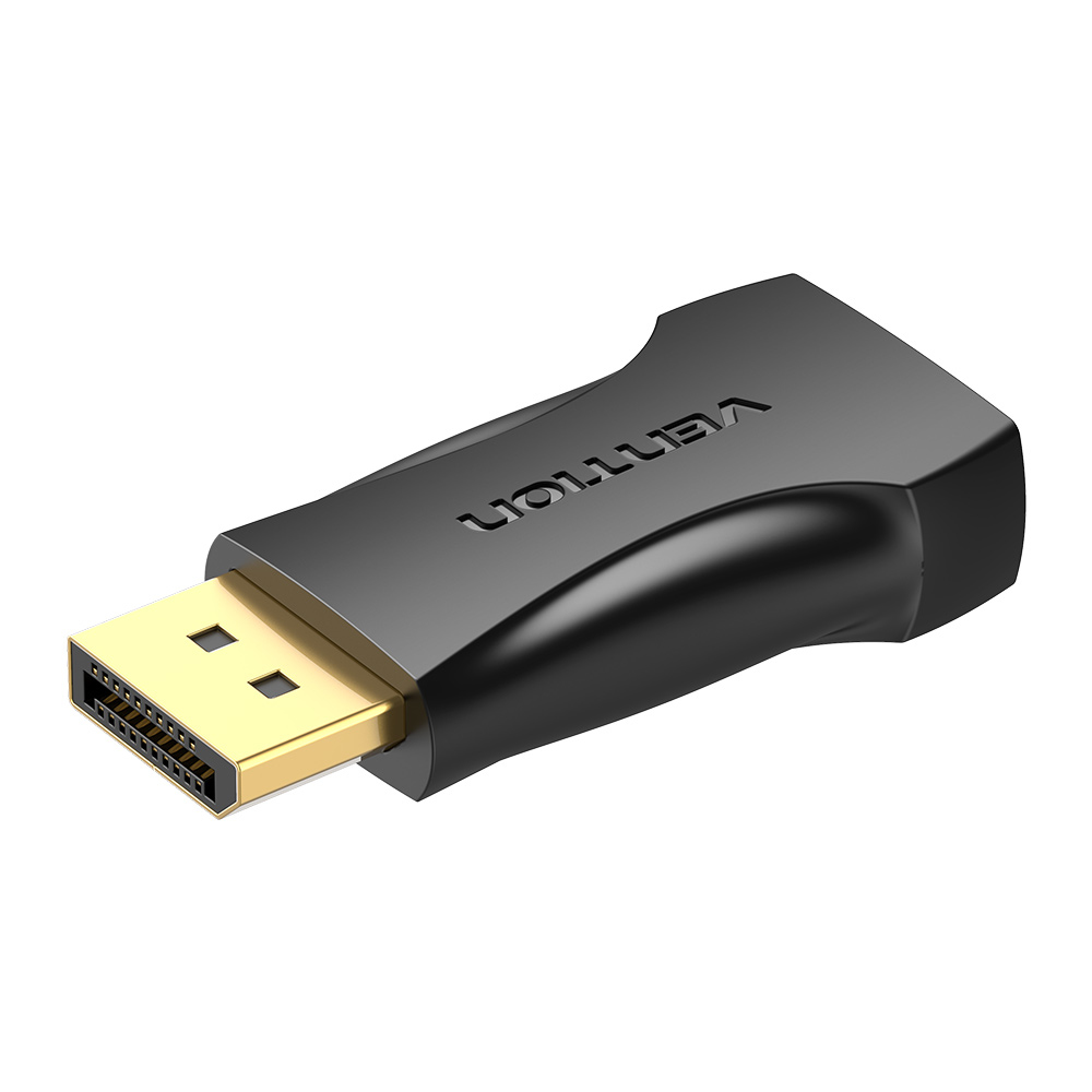 Zwarte Vention DisplayPort adapter. Gouden connector. Witte achtergrond.