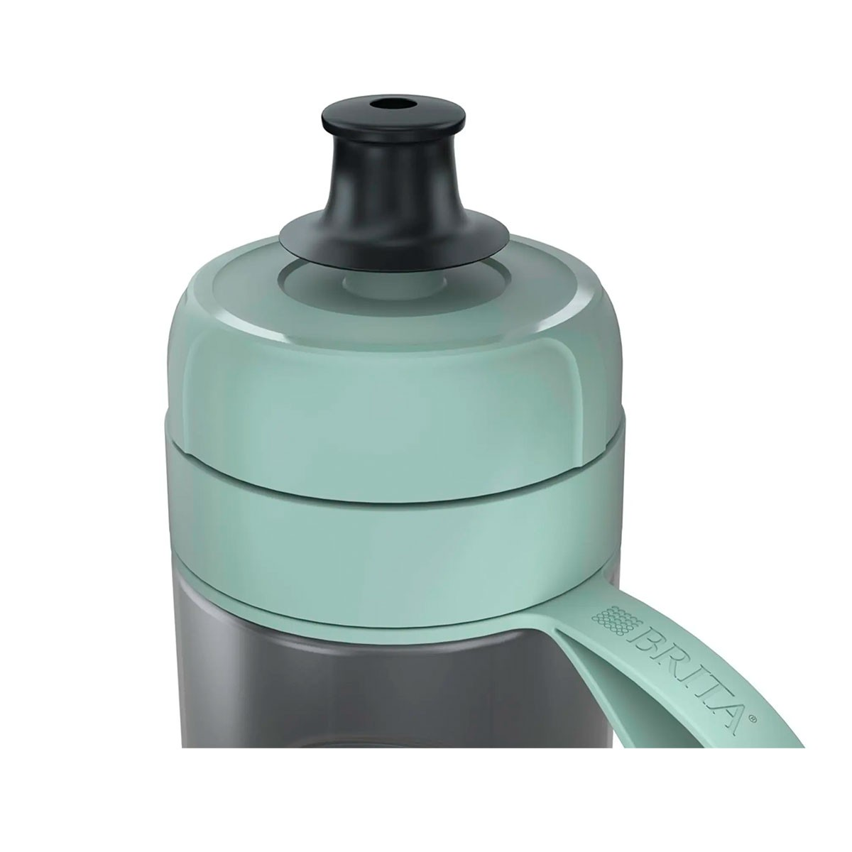 Primo piano della parte superiore di una borraccia BRITA, con beccuccio nero e tappo verde chiaro, su sfondo bianco.