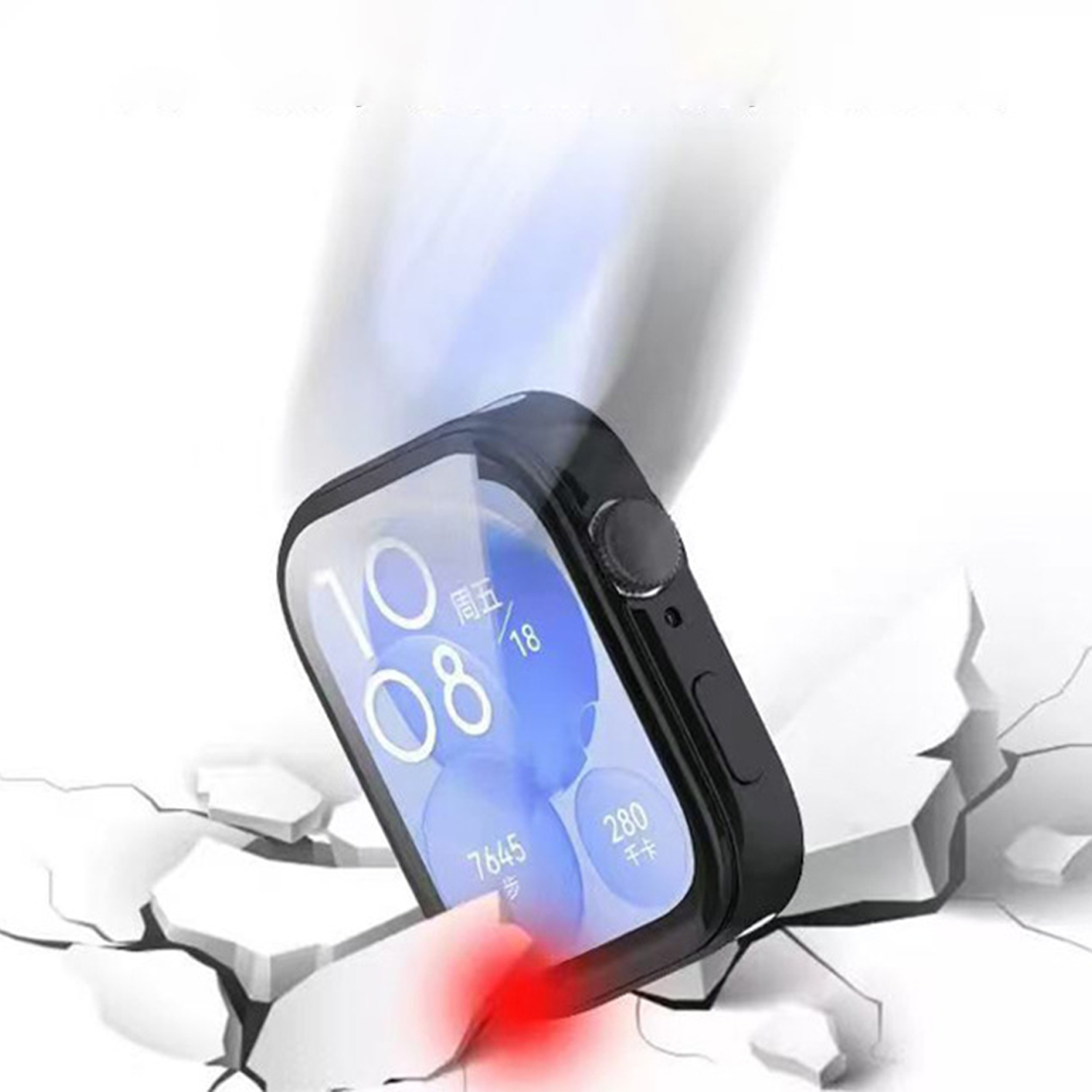Uno smartwatch con schermo rotto, sotto impatto. L'energia rossa emana dal punto di impatto.