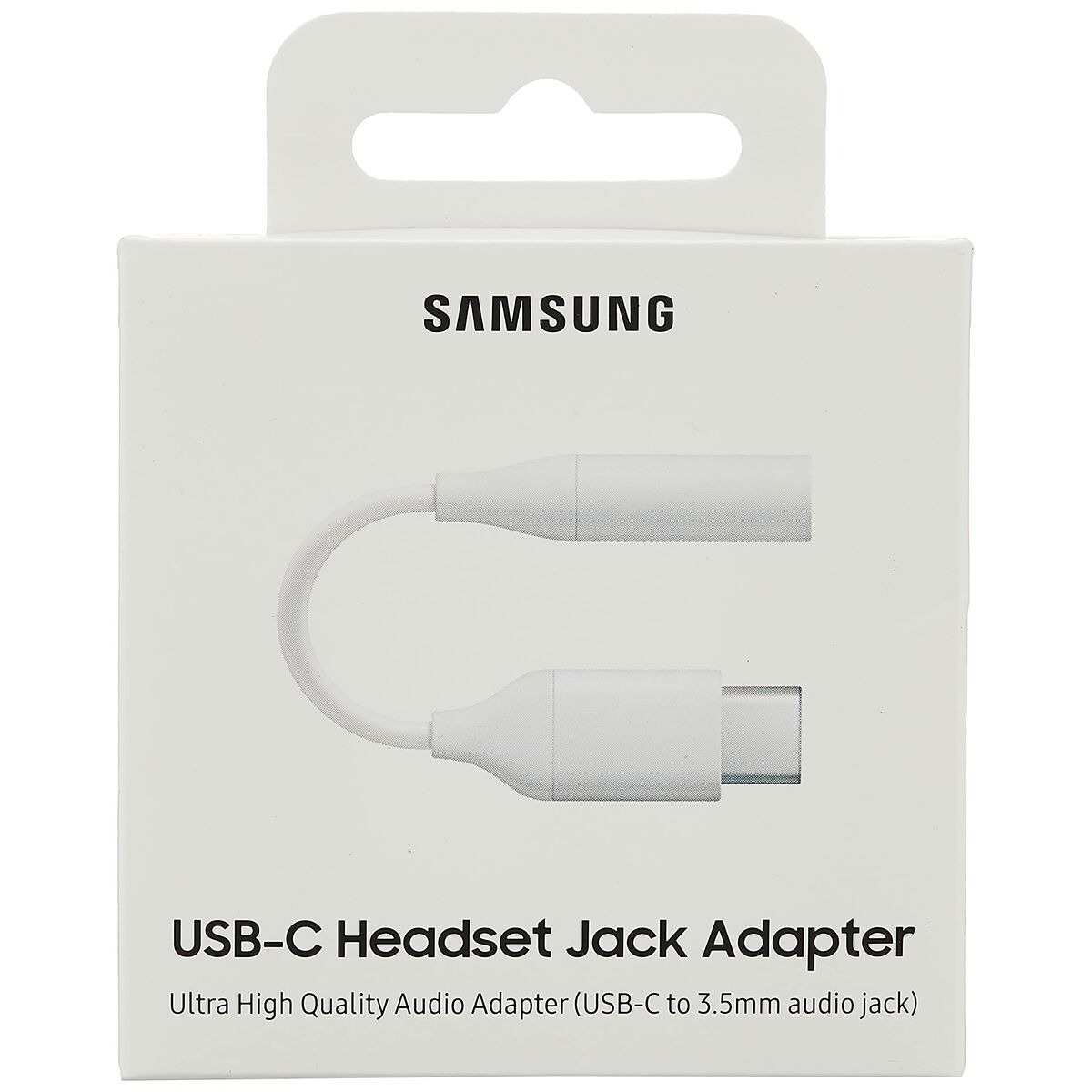 Białe pudełko Samsung. Pokazuje adapter USB-C do gniazda audio 3,5 mm. Biały kabel i złącza. Białe tło.