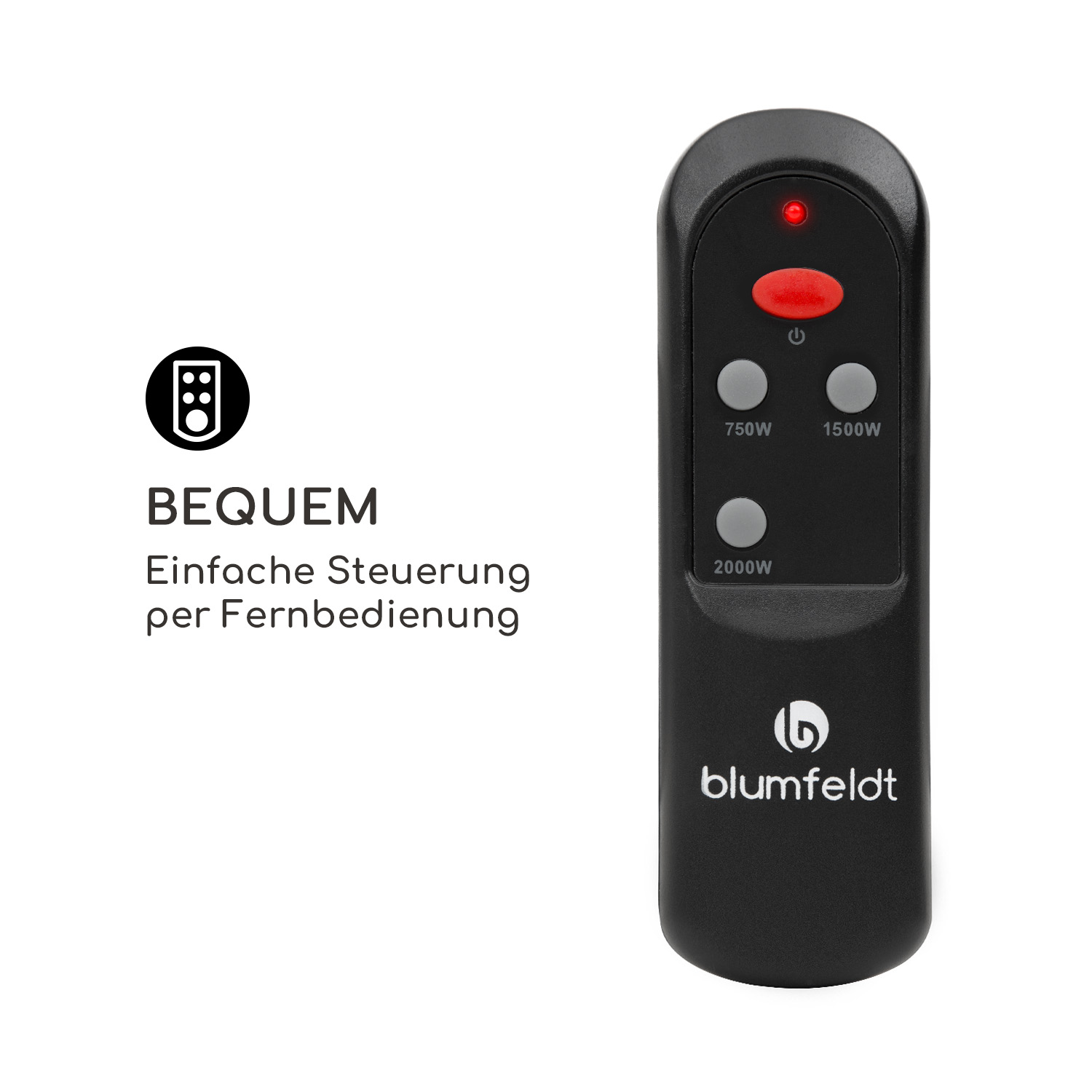 Un telecomando nero con pulsante di accensione rosso e pulsanti per 750W, 1500W e 2000W.