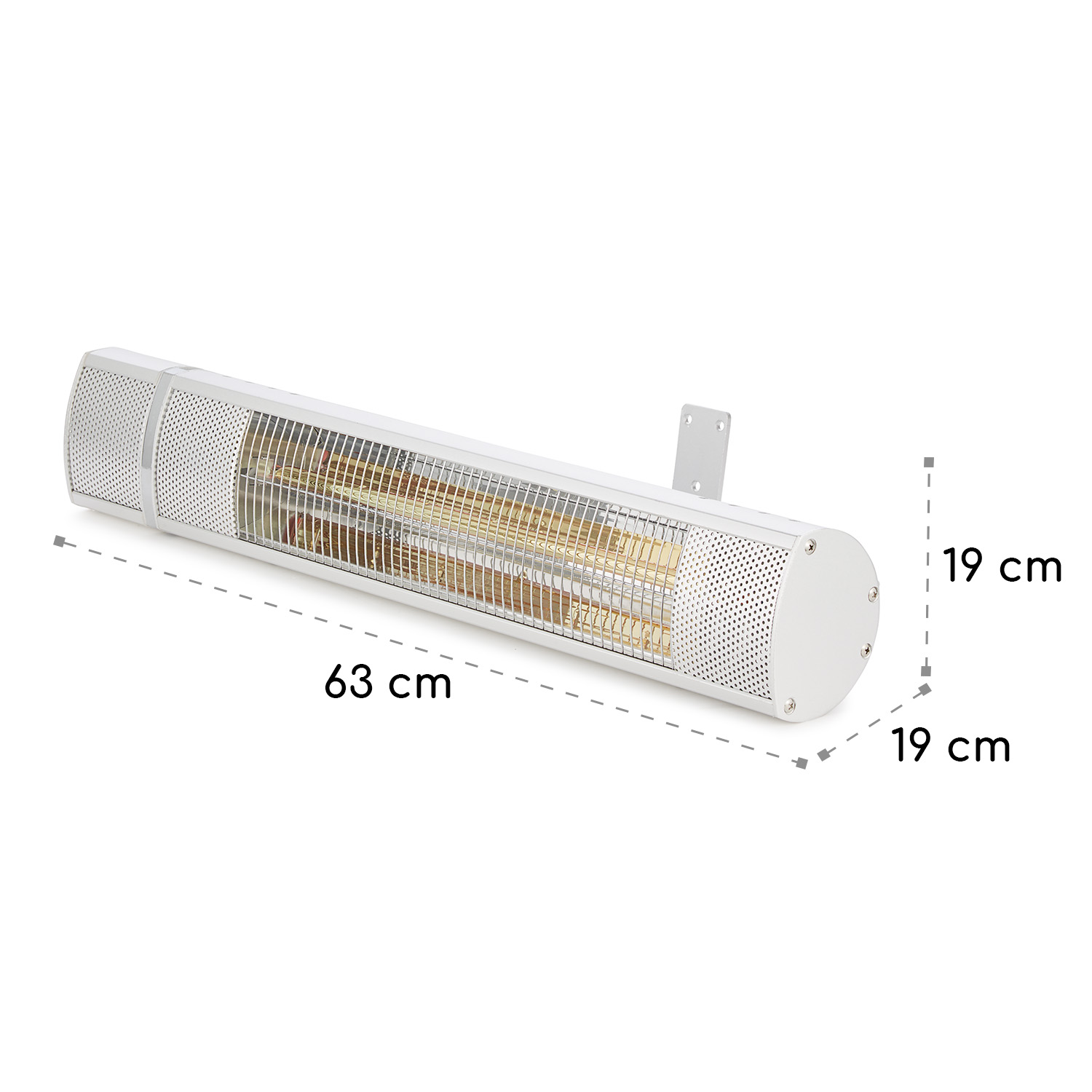 Termosifone esterno bianco con dimensioni, mostrato con frontale perforato e staffa.