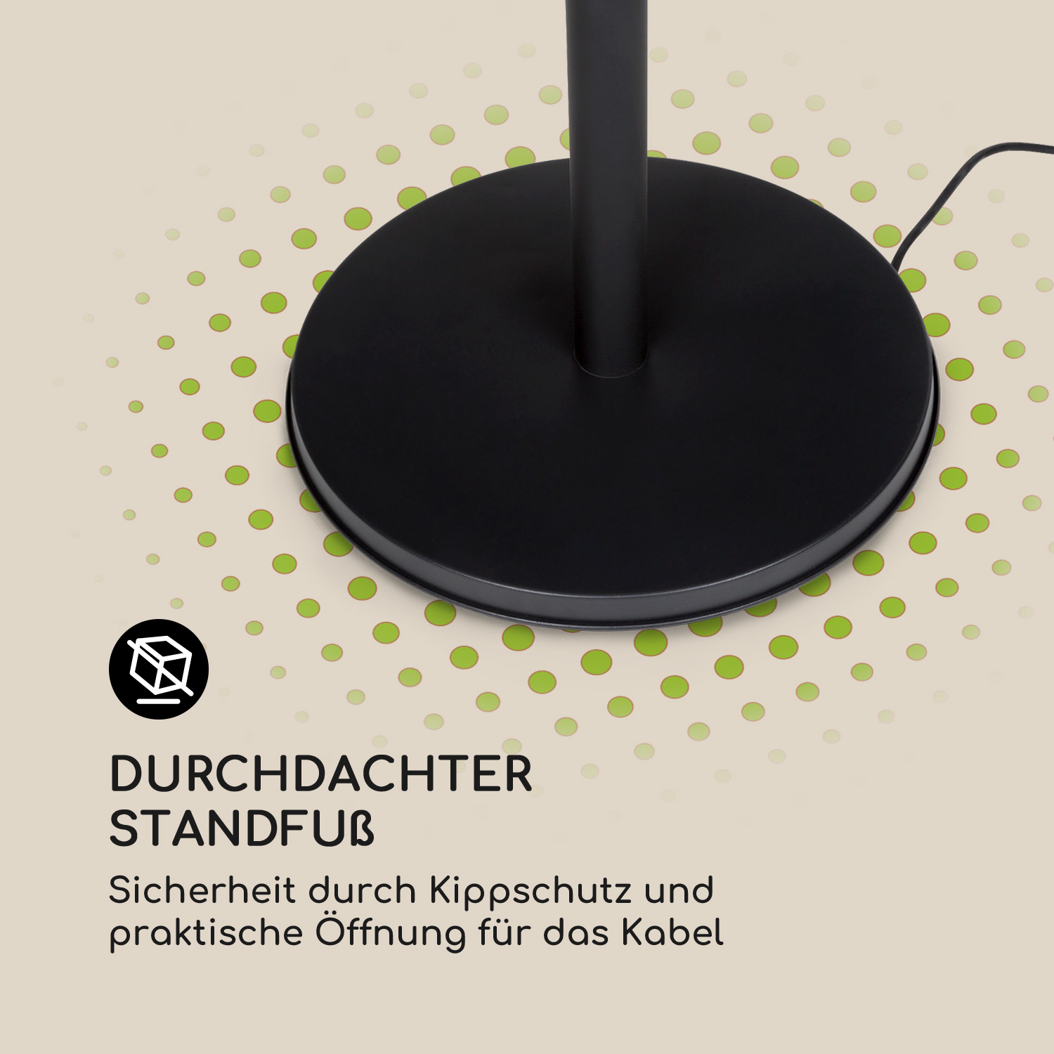 Schwarzer Lampenständer mit Kabelöffnung und grünem Punktmuster.
