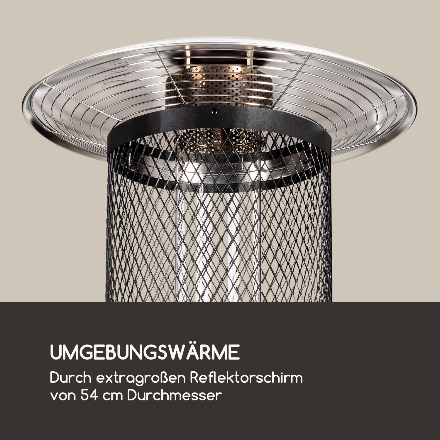 Heizstrahler für den Außenbereich mit Maschengehäuse und großem Reflektor, Draufsicht.