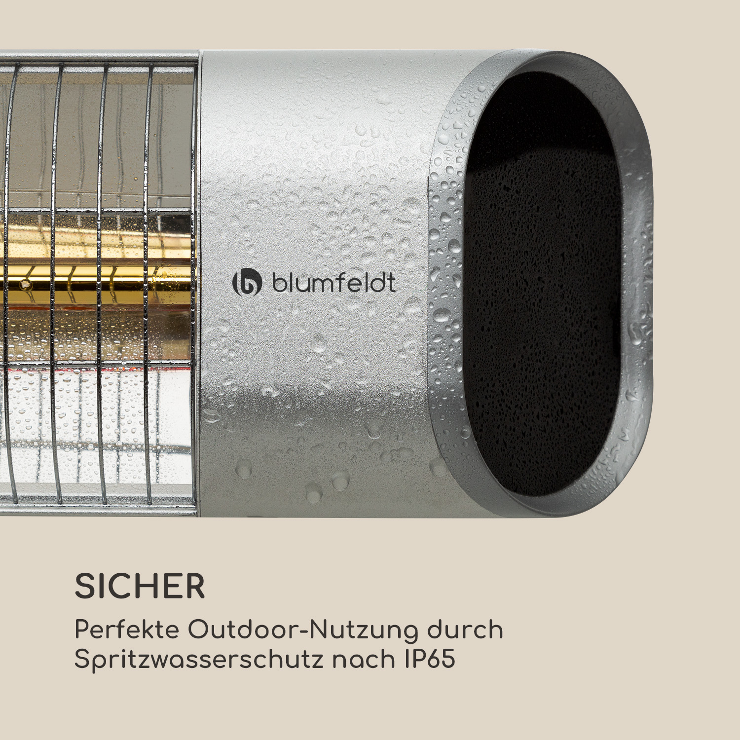 Silberner Heizstrahler für den Außenbereich mit Wassertropfen. Schwarz-Silber-Design, Text unten.