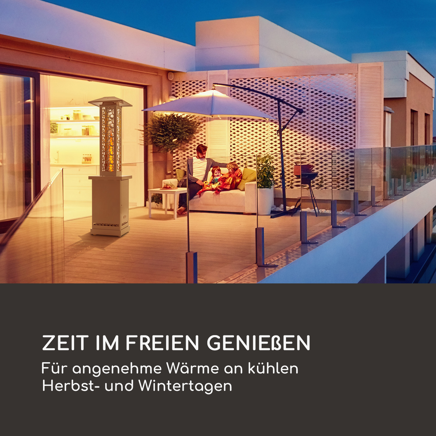 Szene im Freien mit Menschen auf einer Terrasse, Heizung und Text: Genießen Sie Ihre Zeit im Freien.