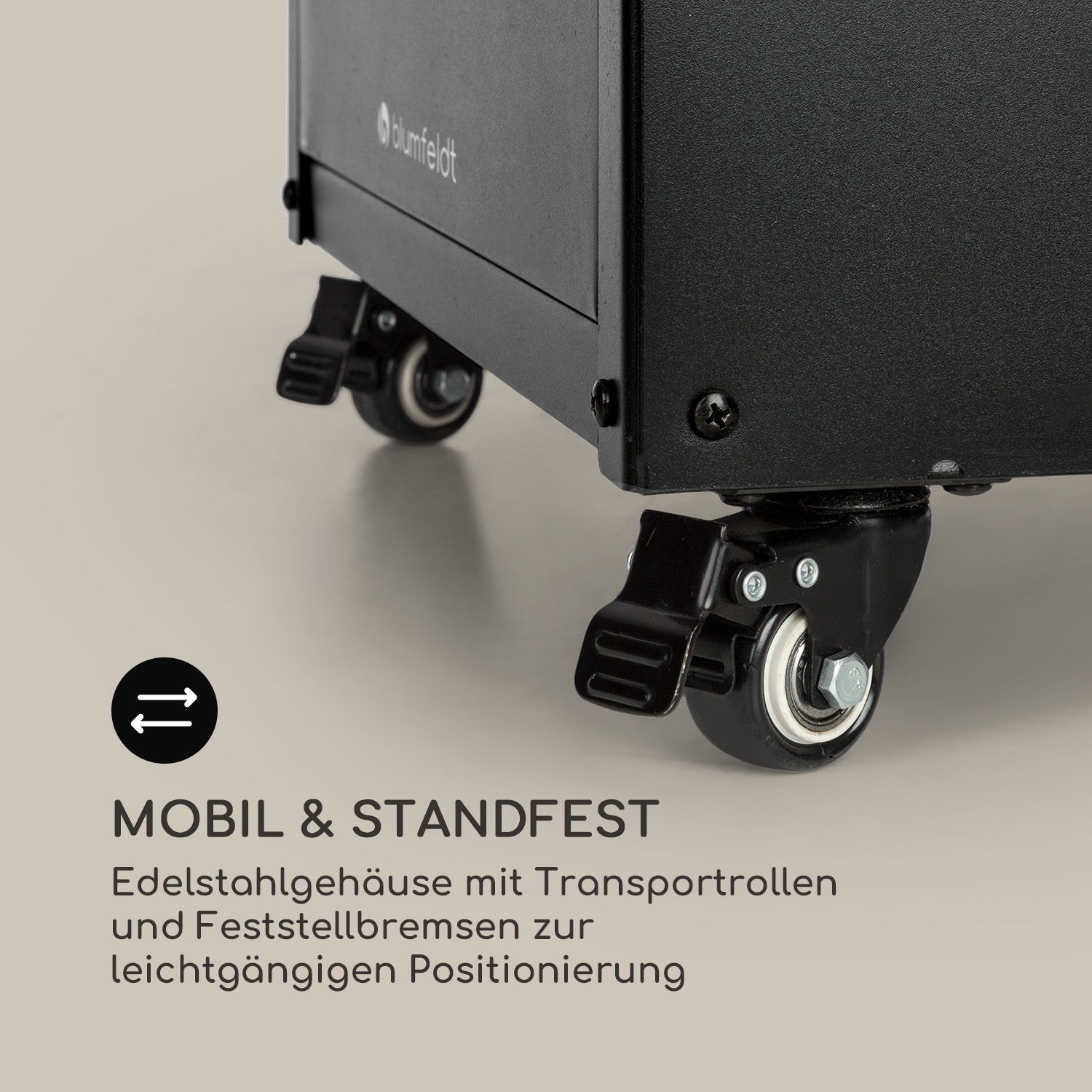 Ein schwarzer Schrank mit Rollen, Text auf Deutsch: mobil & standfest.