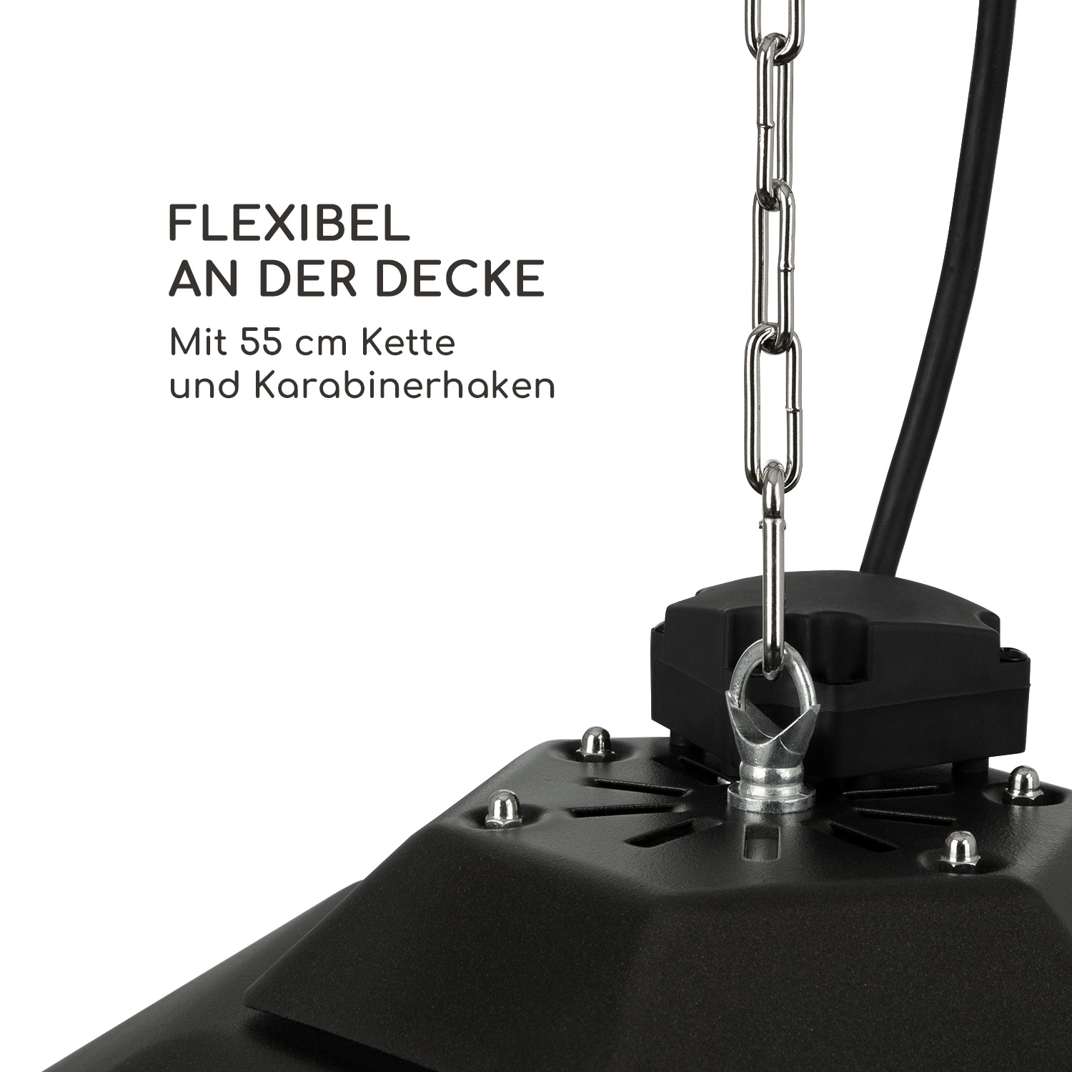 Eine Metallkette ist mit einem schwarzen, kreisförmigen Objekt verbunden. Text links zeigt Flexibilität an.