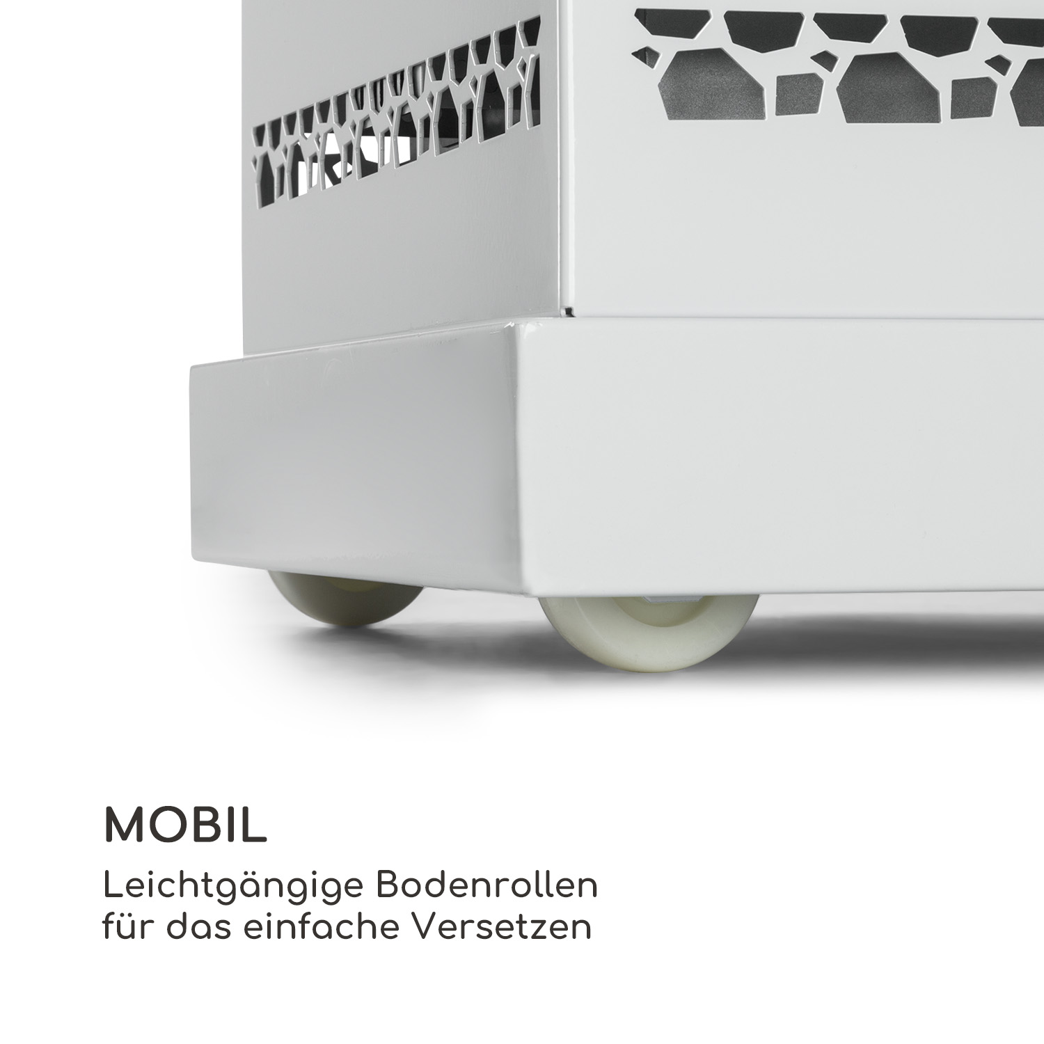 Nahaufnahme eines weißen Schranks mit Rollen, mit dem Text 'MOBIL' und 'Leichtgängige Bodenrollen'.