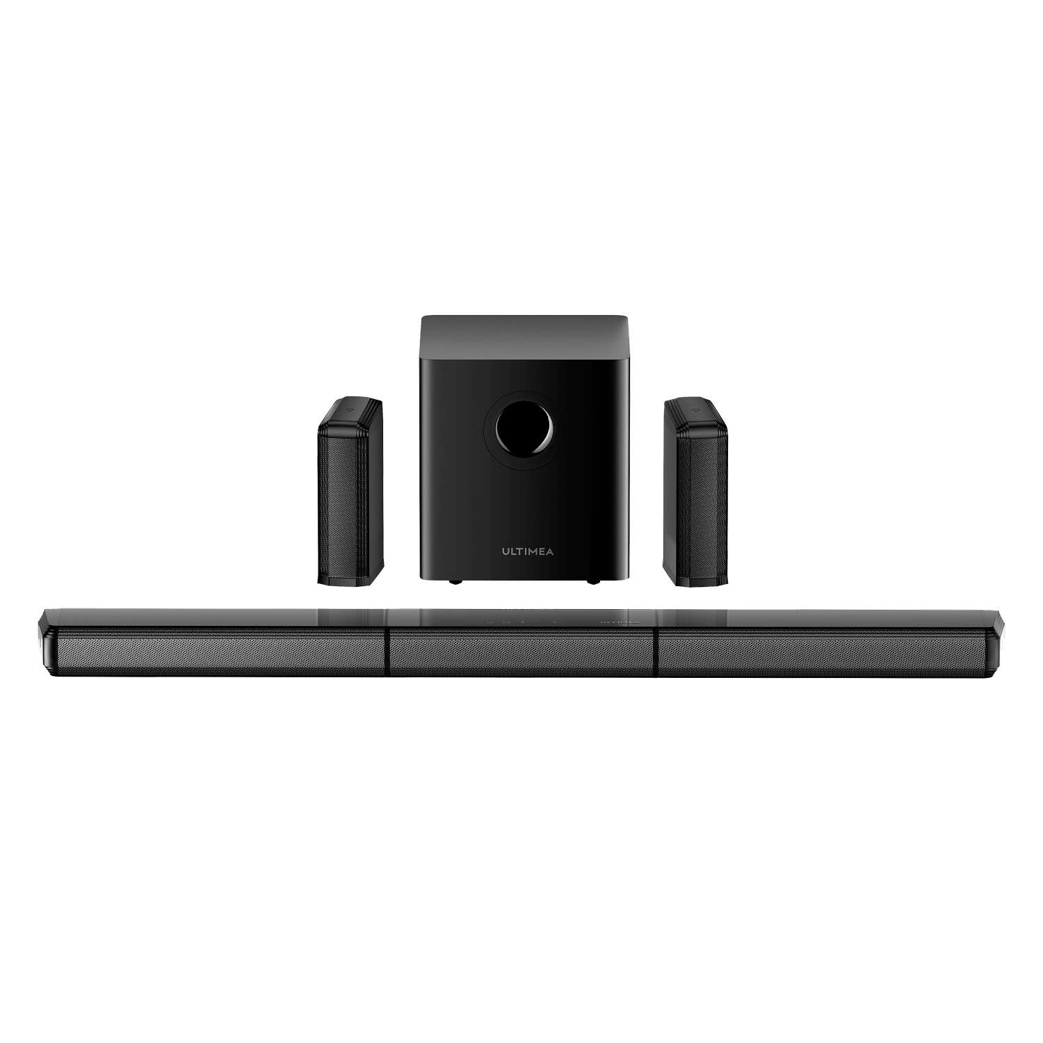 Czarny soundbar, subwoofer i dwa głośniki satelitarne, na białej powierzchni.