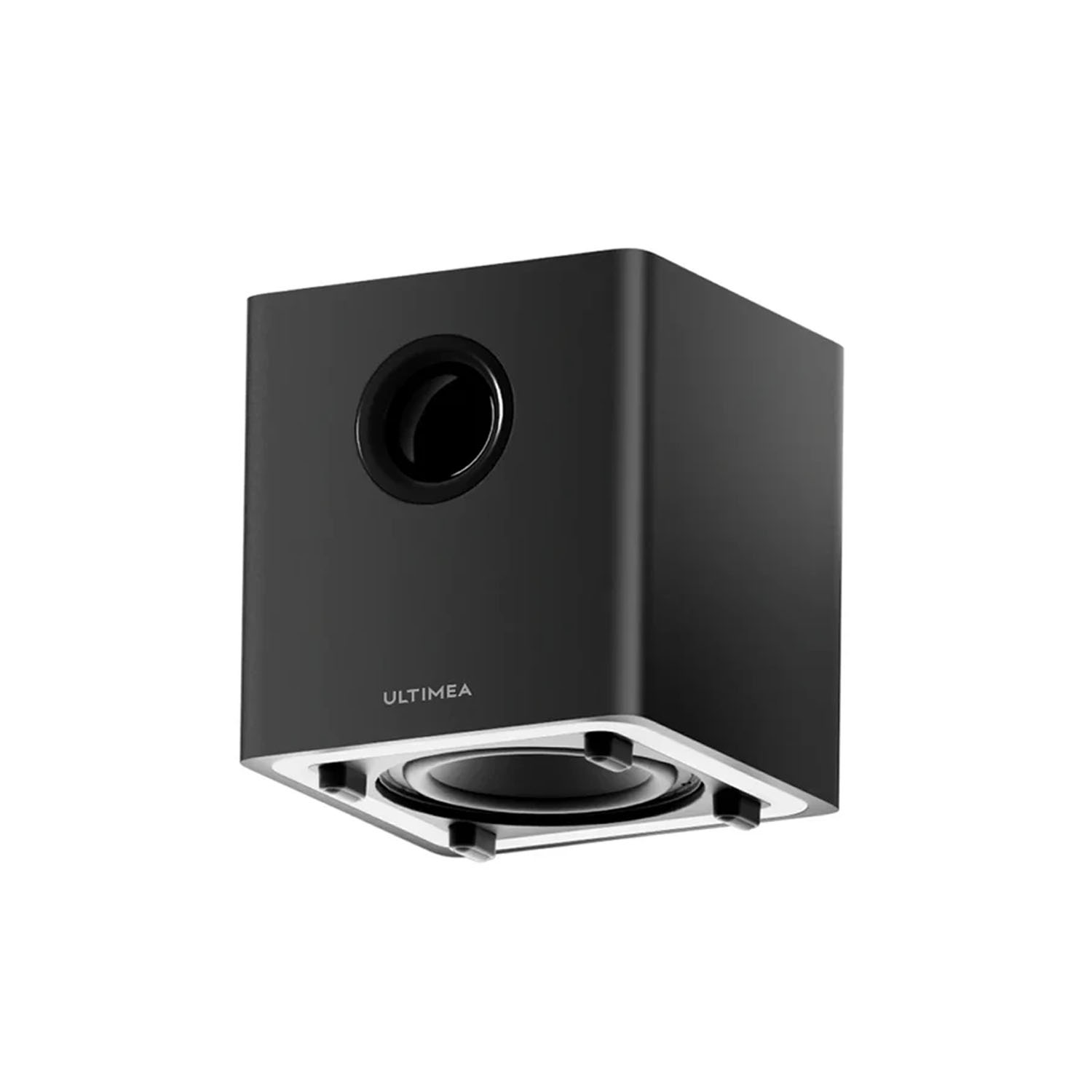 Zwarte subwoofer met een cirkelvormige opening en het woord "ULTIMEA" op de voorkant.