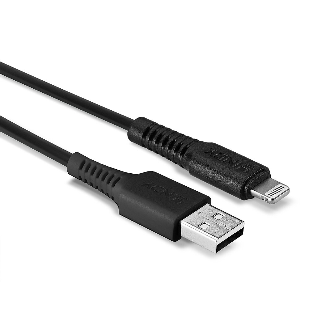 Czarny kabel LINDY USB do Lightning, pokazujący złącze USB-A i Lightning.