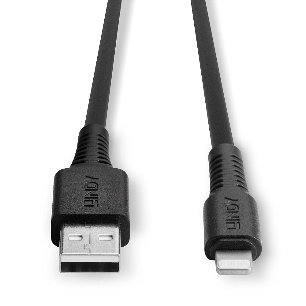 Dwa czarne kable LINDY USB do Lightning, pokazujące złącza USB-A i Lightning.