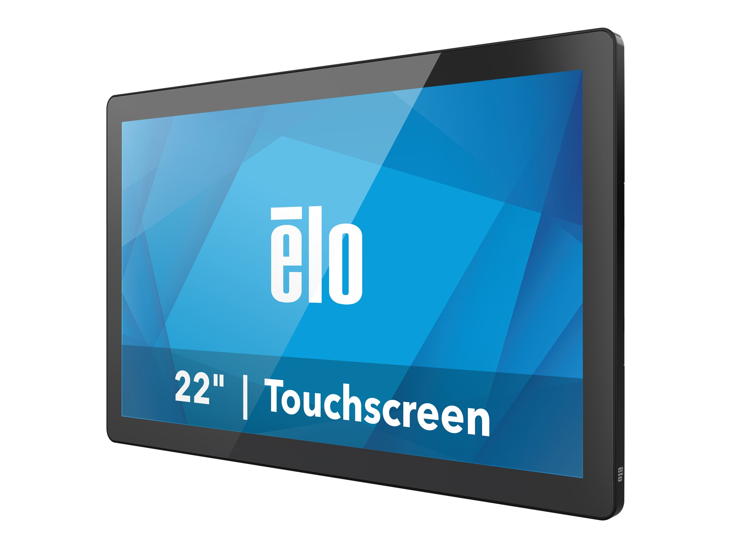 Czarny wyświetlacz dotykowy, białe logo i niebieskie tło. Tekst: 22" | Ekran dotykowy.