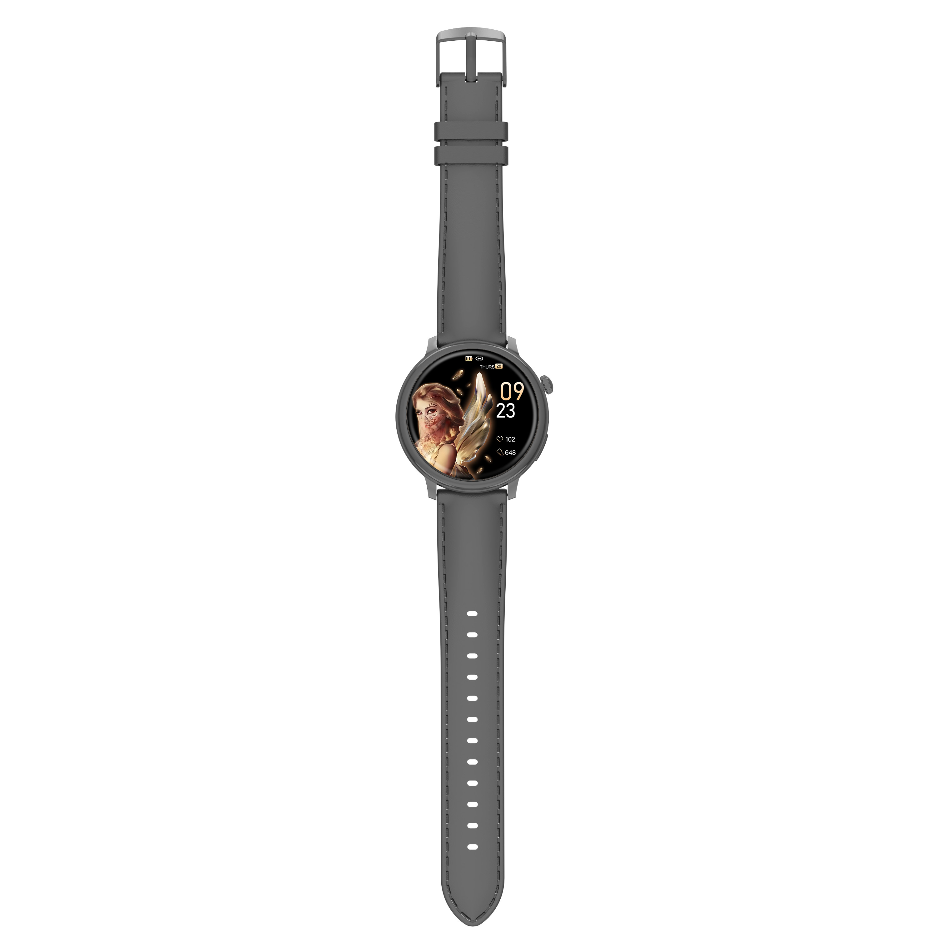 Gray smartwatch with a woman's image on the display.