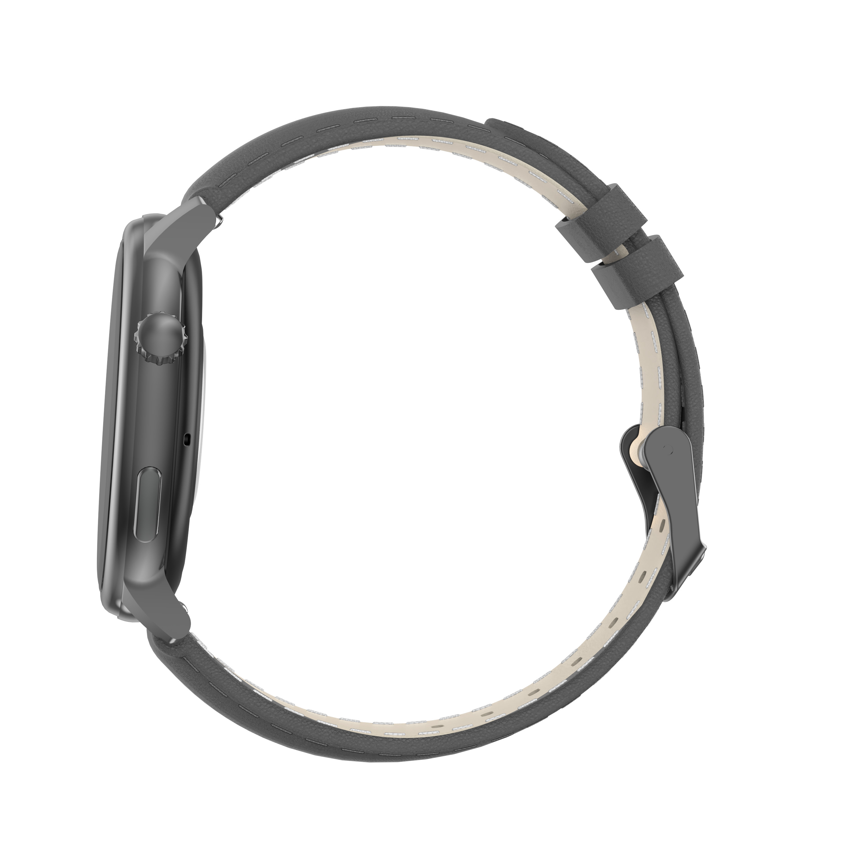 A side view of a grey smartwatch with a grey strap. White background.
