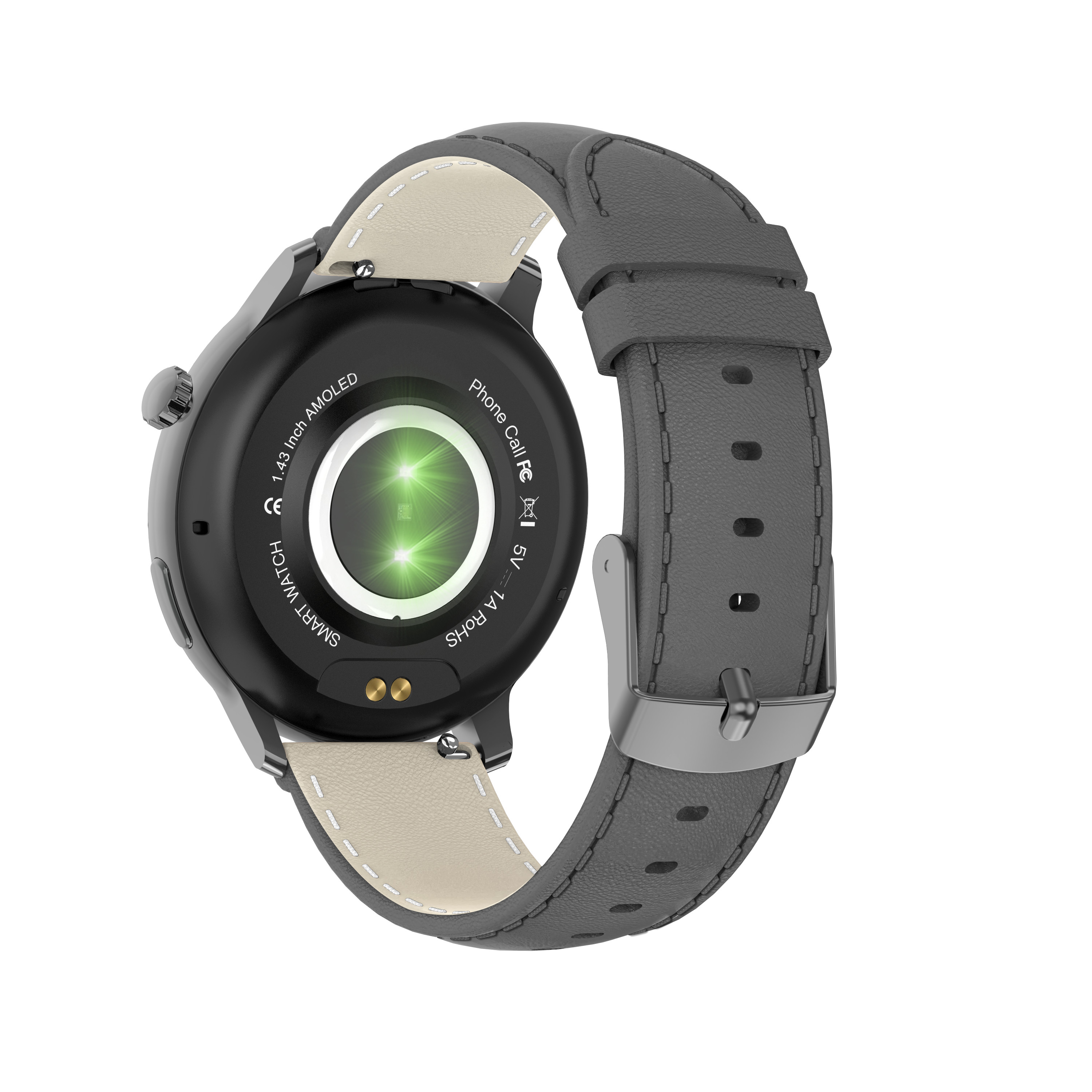 Smartwatch with a gray band. The back shows a sensor. A black screen displays the time.