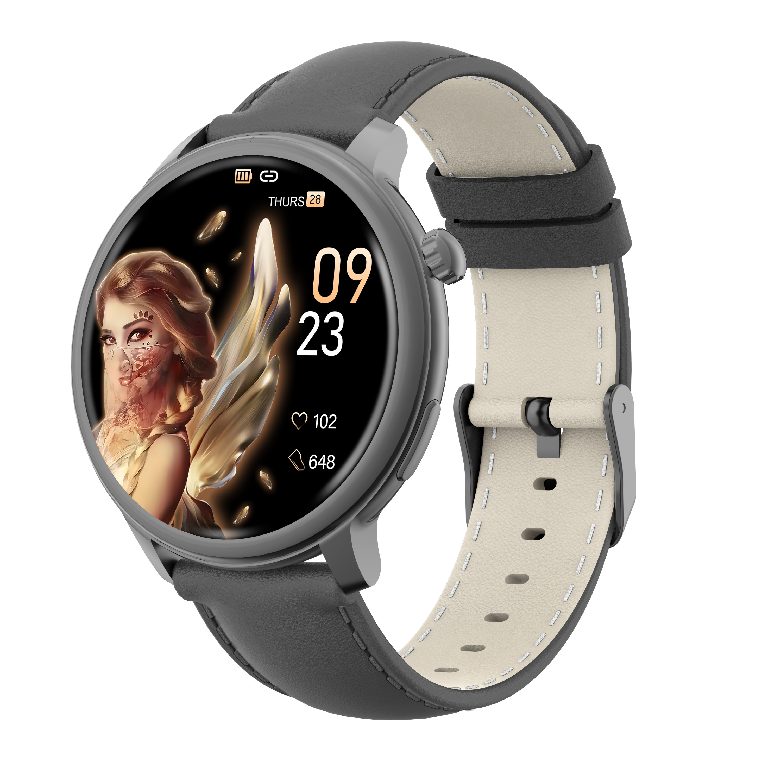 A smartwatch with a round screen, showing a woman's face, time, and health data.