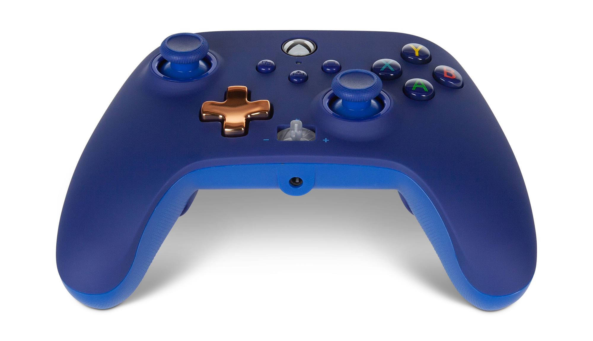 Niebieski kontroler Xbox z niebieskimi przyciskami i złotym przyciskiem krzyża. Tło jest białe.