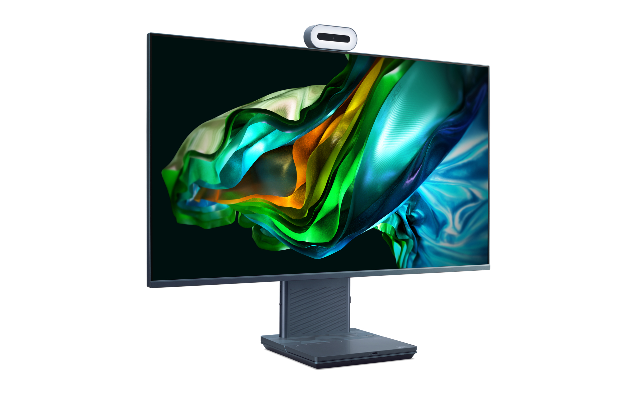 Nowoczesny monitor komputerowy z zakrzywionym ekranem. Ekran wyświetla kolorową sztukę abstrakcyjną.