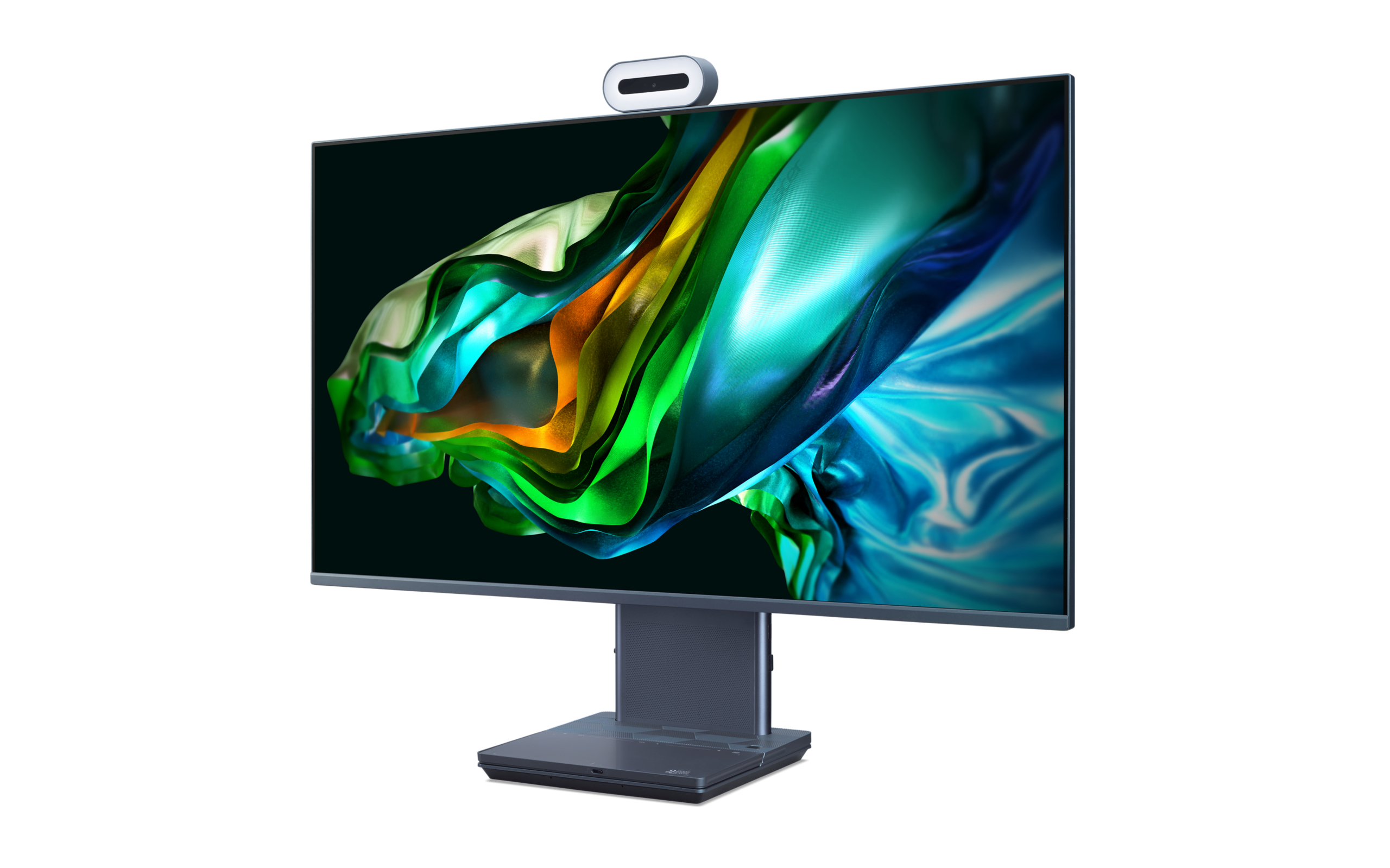 Monitor z dołączoną kamerą internetową u góry, pokazujący kolorowy, abstrakcyjny obraz.