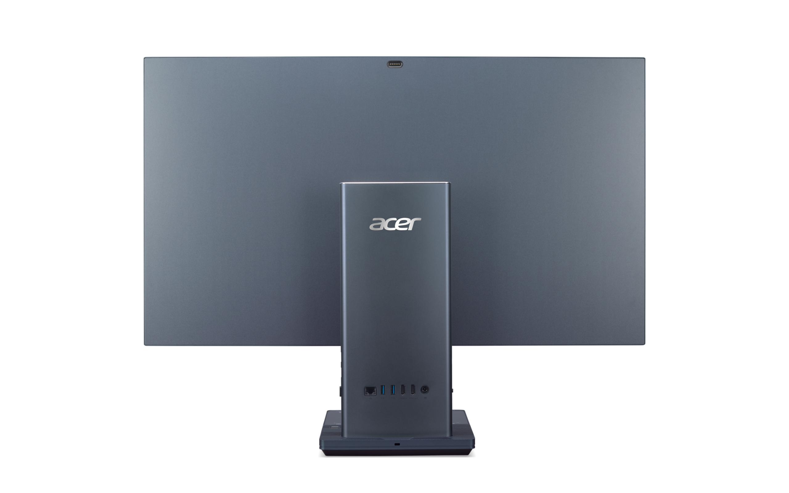Tył szarego komputera All-in-One. Pokazuje porty i logo Acer.