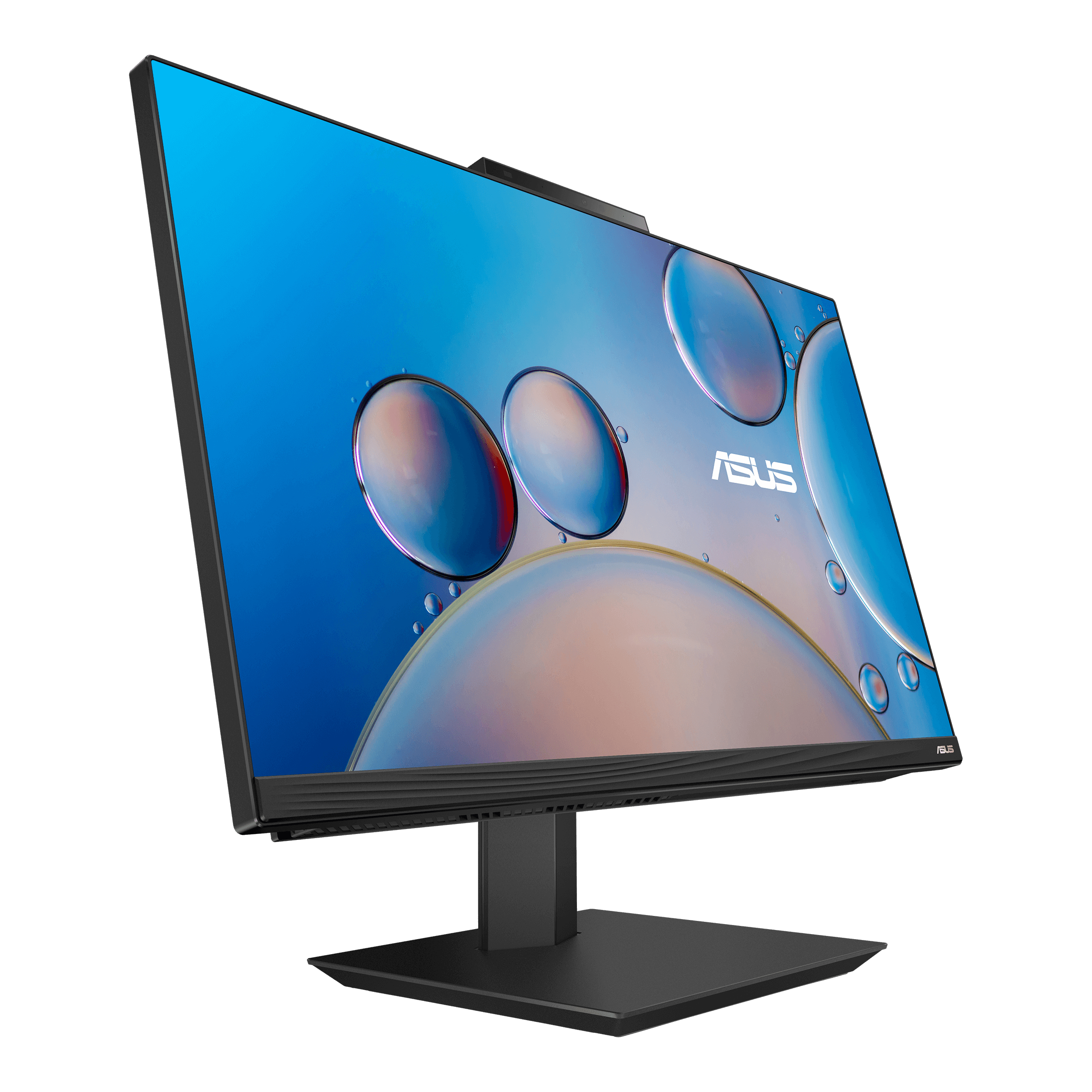 Monitor ASUS nero con base nera. Lo schermo mostra un'immagine astratta blu e bianca.