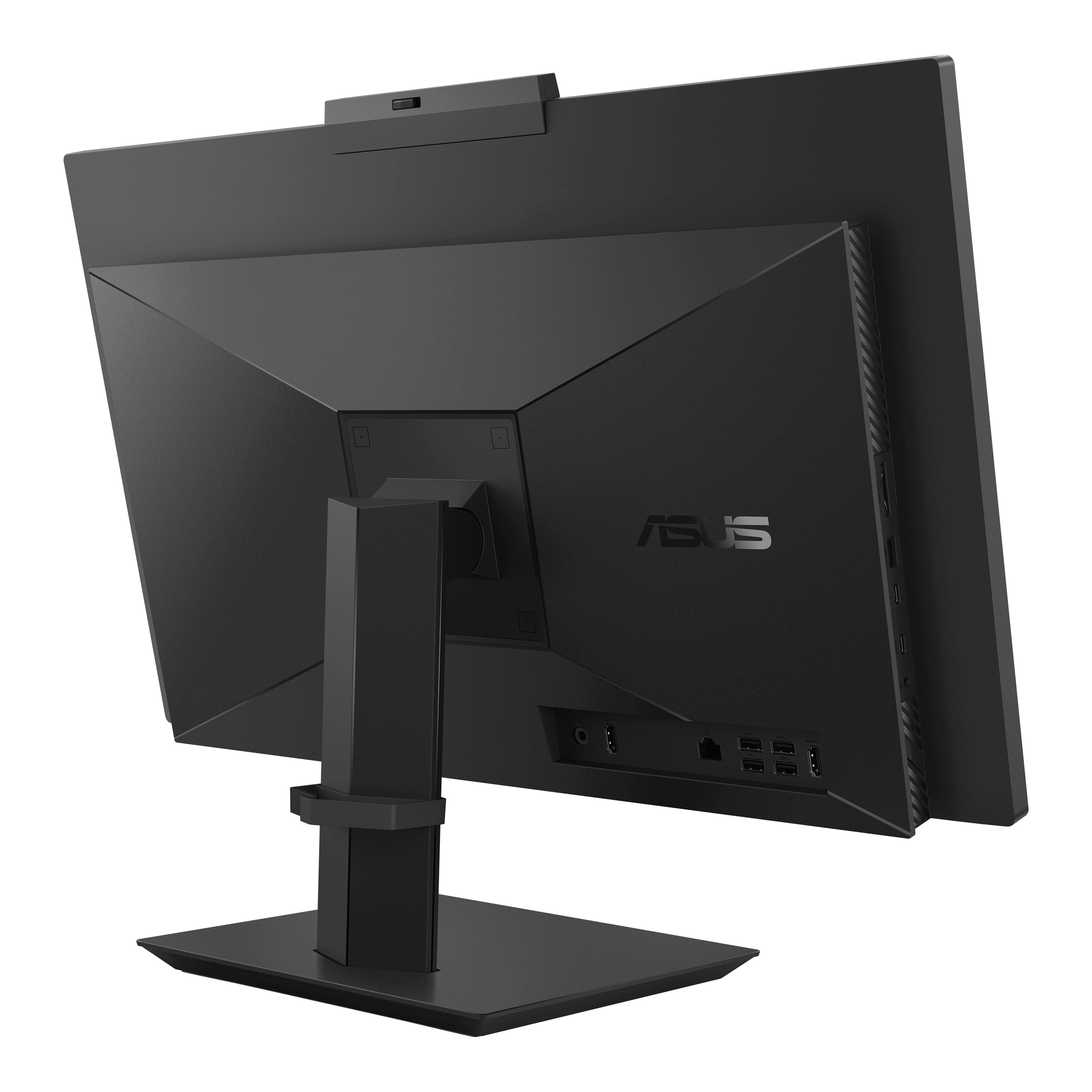 Monitor del computer ASUS nero visto da dietro. È dotato di una webcam e di più porte.
