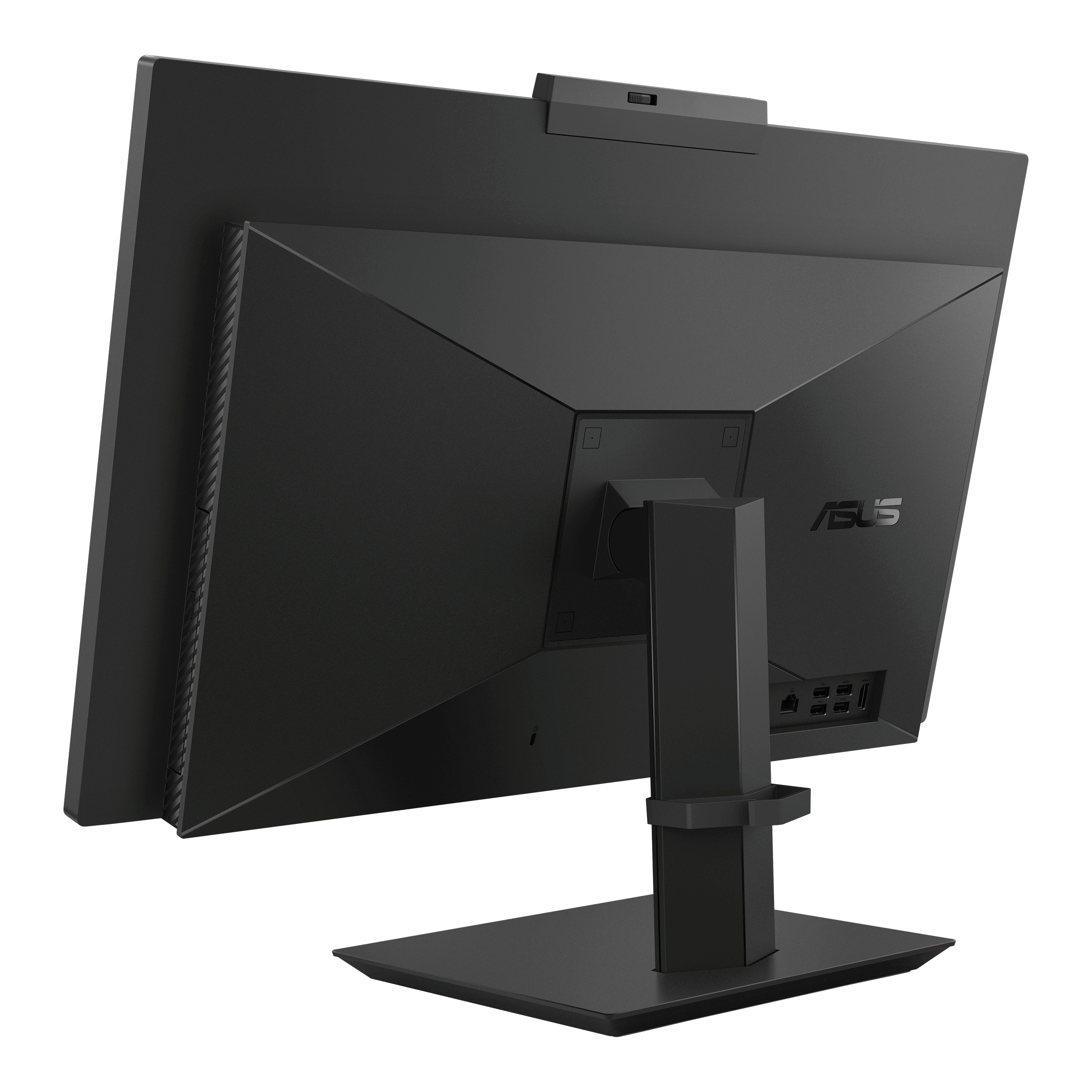 Vista posteriore di un monitor PC nero. Ha un supporto e una fotocamera in alto, con il logo ASUS.