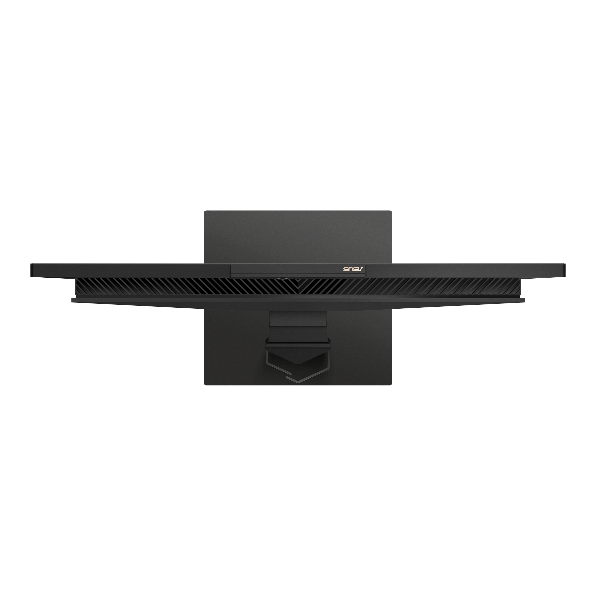 Una vista dall'alto di un monitor nero con un logo ASUS sul davanti.