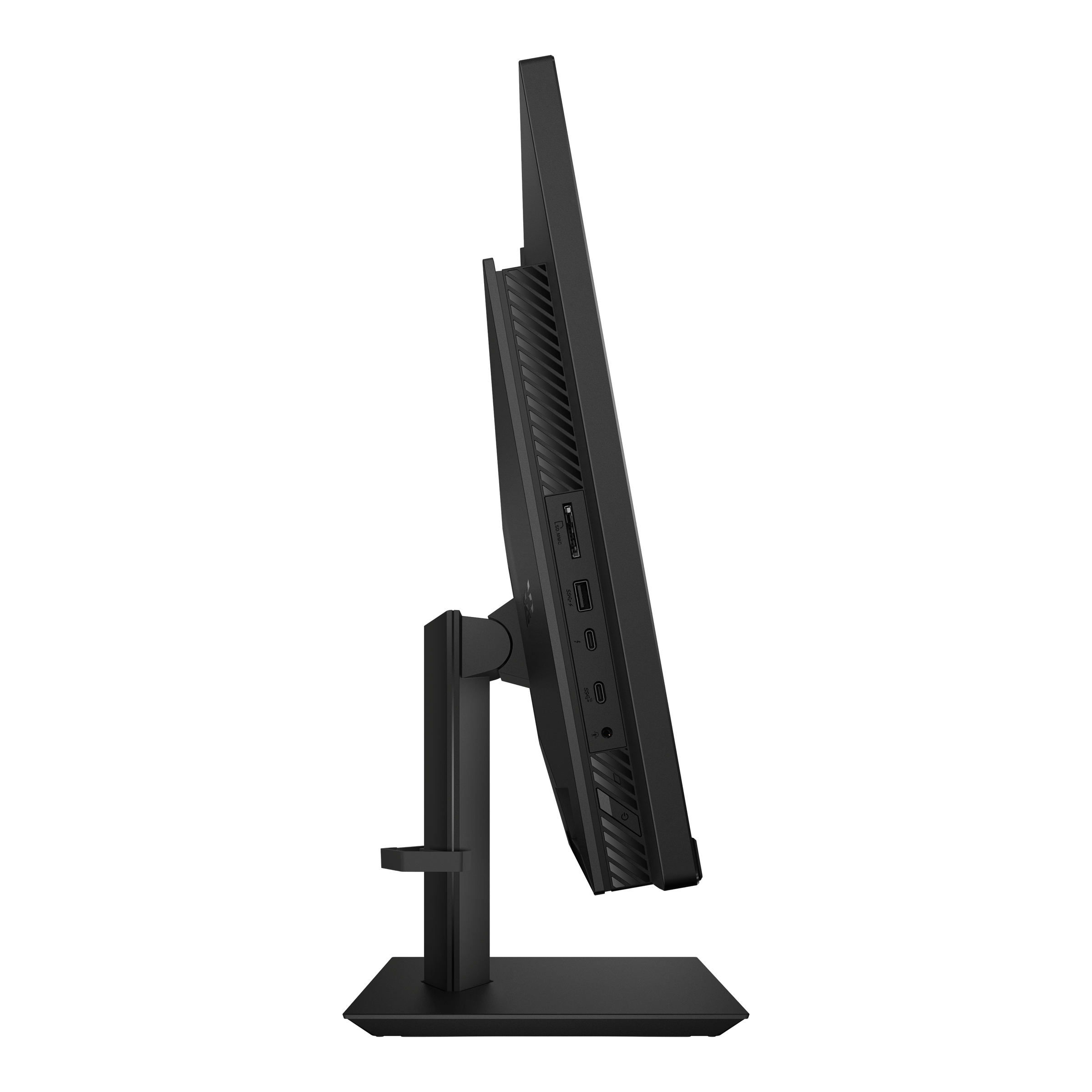 Un monitor di computer nero dalla vista laterale su sfondo bianco.