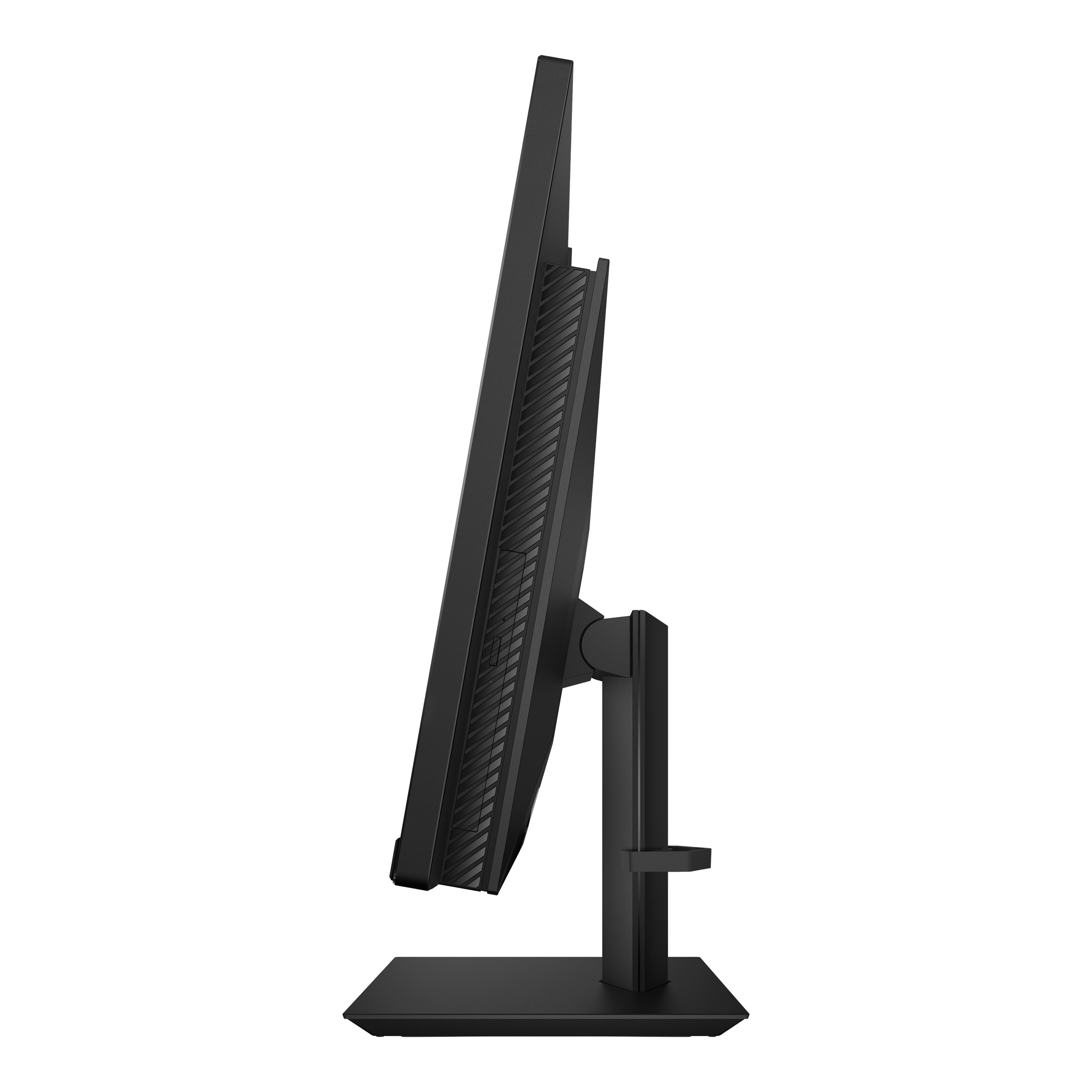 Vista laterale del monitor del computer nero su sfondo bianco. Il supporto è collegato alla base.