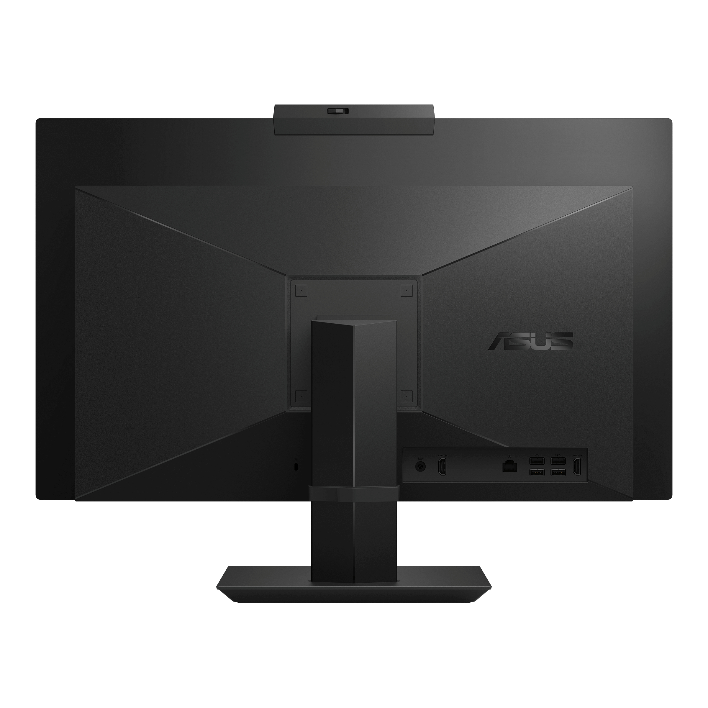 Retro di un computer all-in-one nero. Mostra le porte e il logo ASUS.