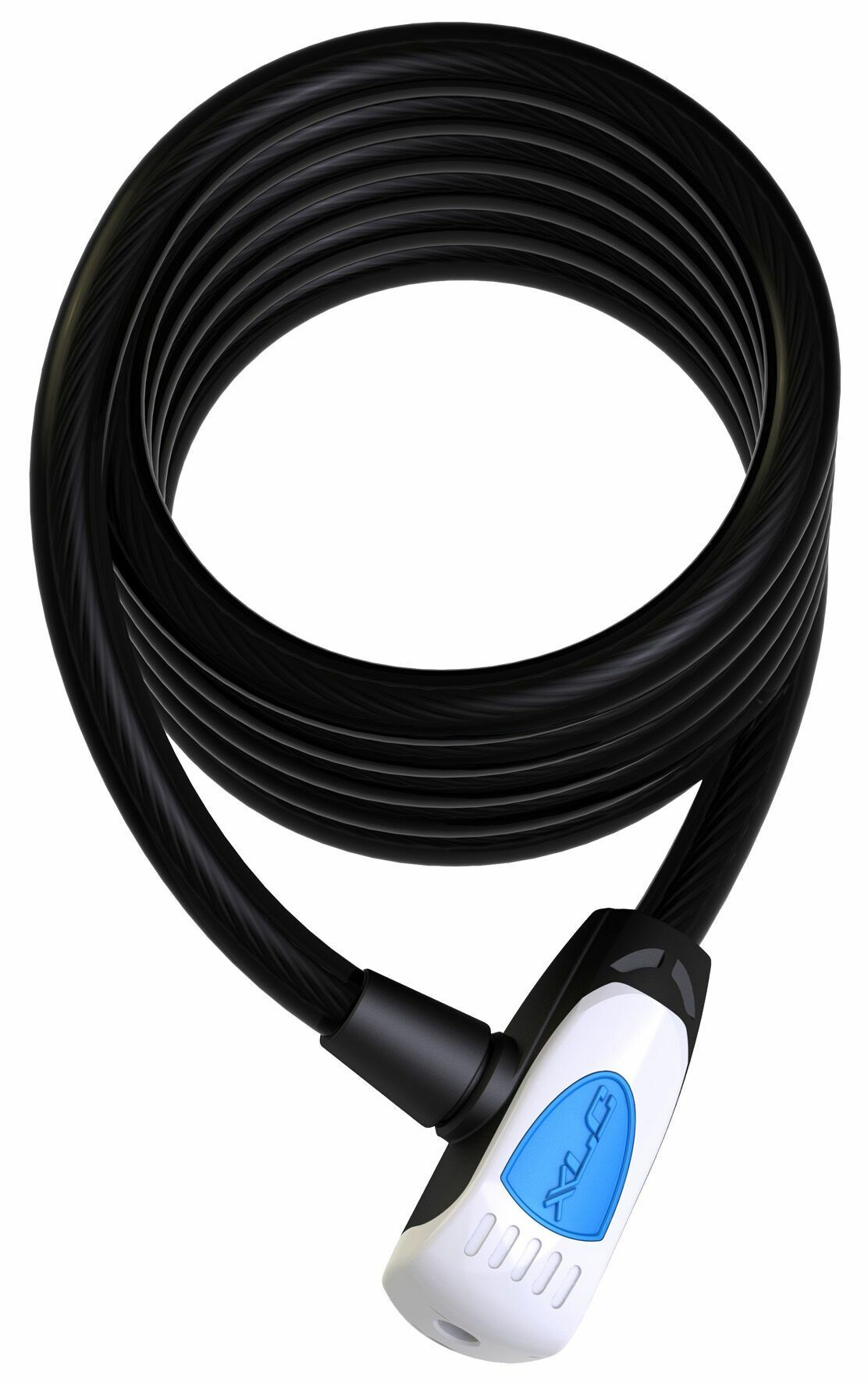 Czarny spiralny zamek rowerowy z białym i niebieskim mechanizmem blokującym. Białe tło.