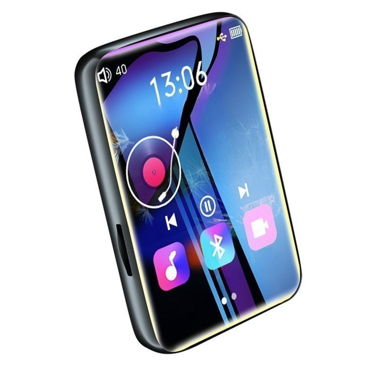 Schwarzer und silberner MP3-Player. Mit Bildschirm und Symbolen.