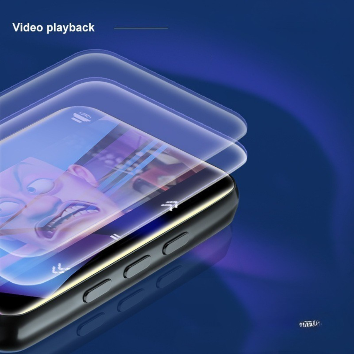 Ein Telefonbildschirm, der die Videowiedergabe anzeigt. Überlagert sind mehrere Ebenen eines Gesichts mit überraschtem Ausdruck.