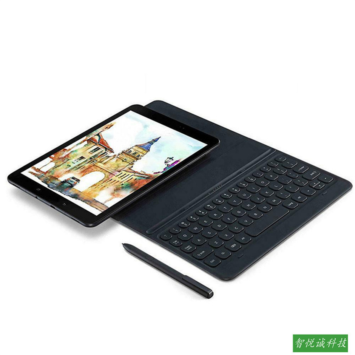 Tablet mit Tastaturhülle und Stift. Zeigt eine Stadtszene auf dem Bildschirm.
