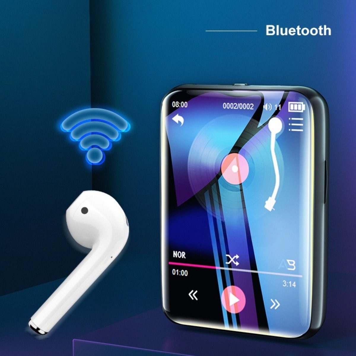 Ohrhörer neben einem Telefon mit Musikoberfläche. Drahtloses Signal-Symbol. Text: Bluetooth.